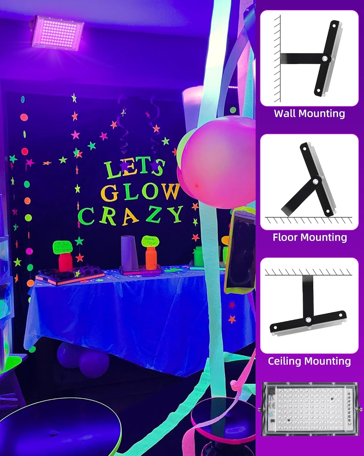 100W LED Black Lights IP66 Waterproof Black Light Outdoor with 5.9ft Plug+Switch,Flood Blacklight for Halloween Glow in The Dark Party Stage Light Neon Glow Birthday 2 Pack