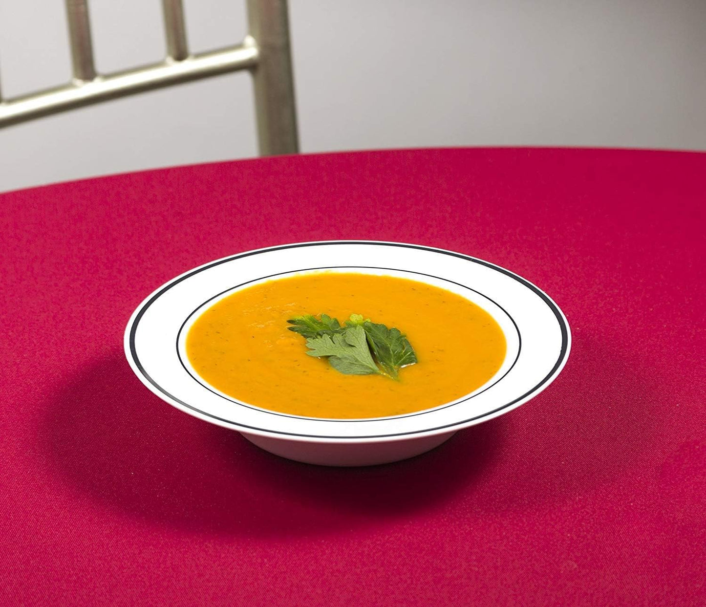 BloominGoods 50 Disposable White Silver Rimmed Plastic Soup Bowls | 14 oz. Premium Heavy Duty Disposable Dinnerware with Real China Design | Safe & Reusable (50-Pack White/Silver Trim)