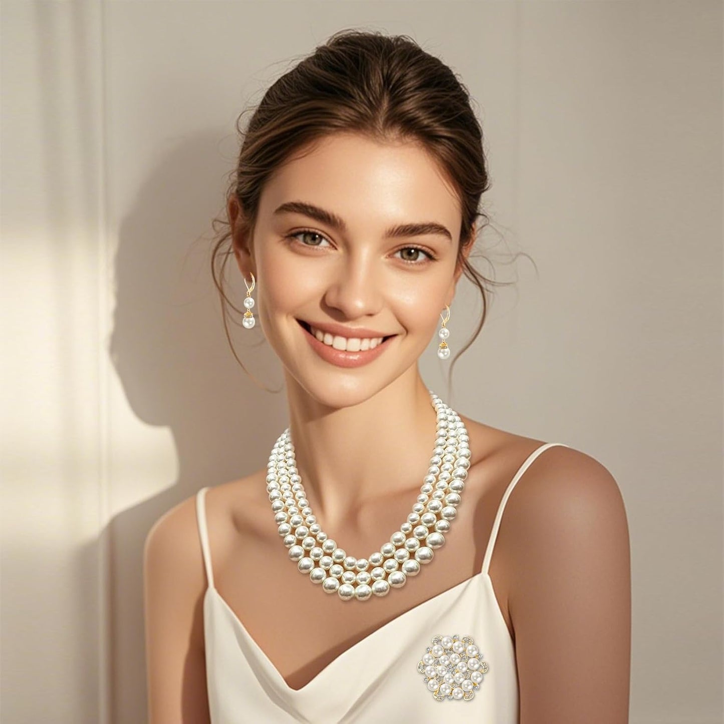 Pearl Jewelry Set for Women Faux Pearl Costume Jewelry Set with Necklace, Bracelets, Ring, Earrings for Wedding Bridal Birthday Tea Party