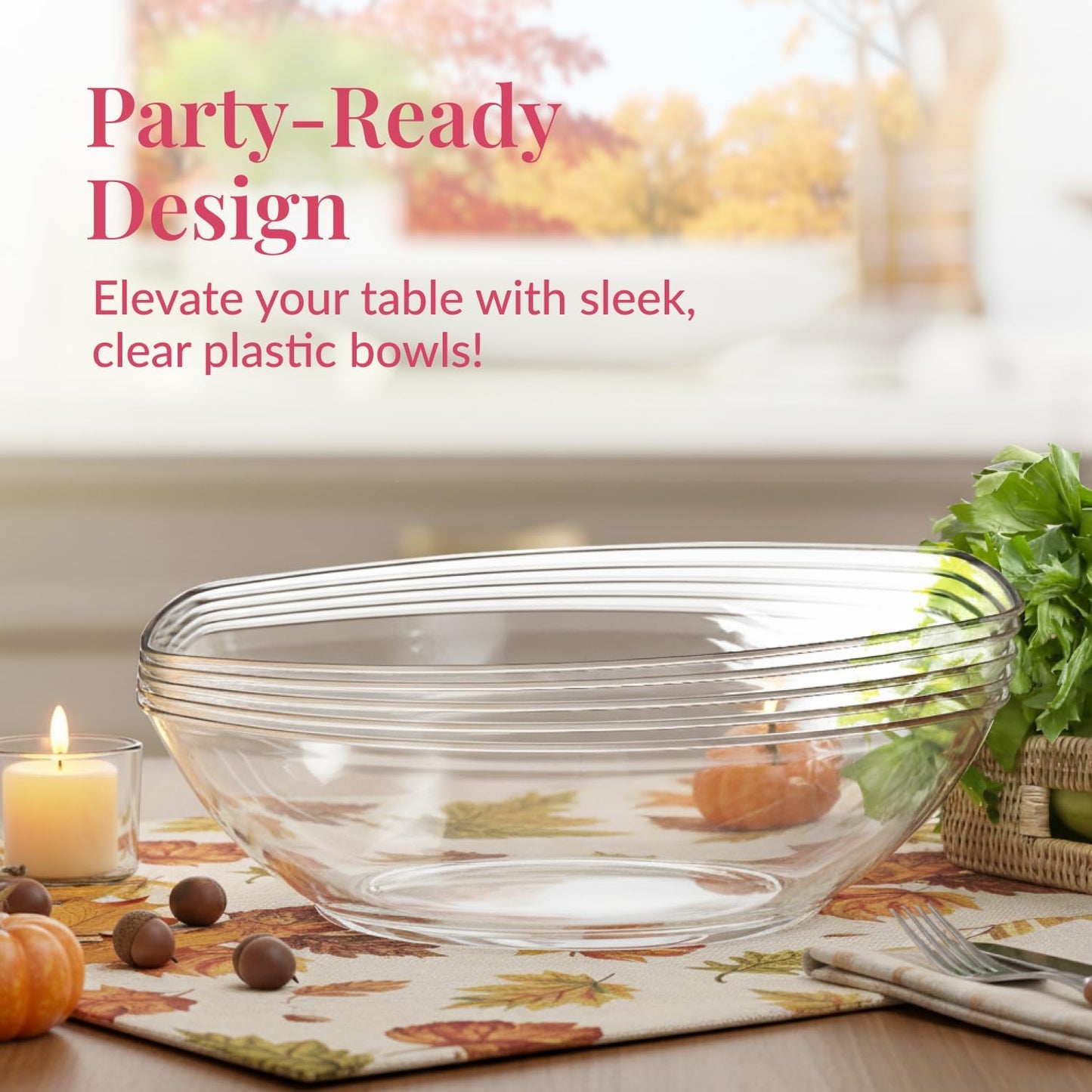 Prestee 24 Clear Plastic Serving Bowls - 64oz Oval Disposable Bowls for Parties - Chip Basin, Snack Bowl, Candy Dishes, and Salad Containers - Great for Holiday and Christmas Entertaining
