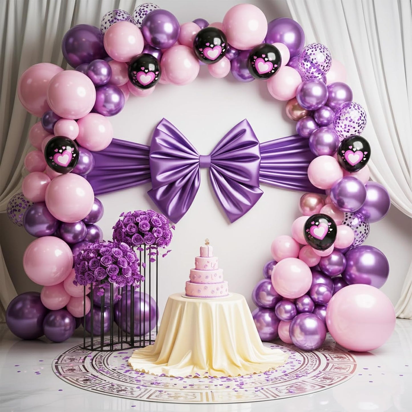 Pink Purple Black Balloons, 50PCS 12 Inch Black Macaron Metallic Purple Pink Birthday Heart Printed Balloons for Princess Theme Birthday Decorations Baby Shower Party