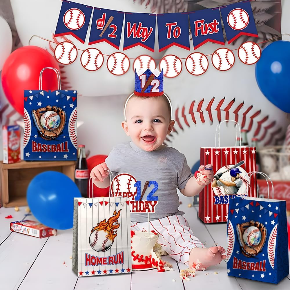 JOYGATHER 24 Pcs Baseball Goodie Bags with Handles, Baseball Party Favors Gift Candy Treat Snack Paper Bags with 3 Different Types for Birthday Party Supplies Decorations