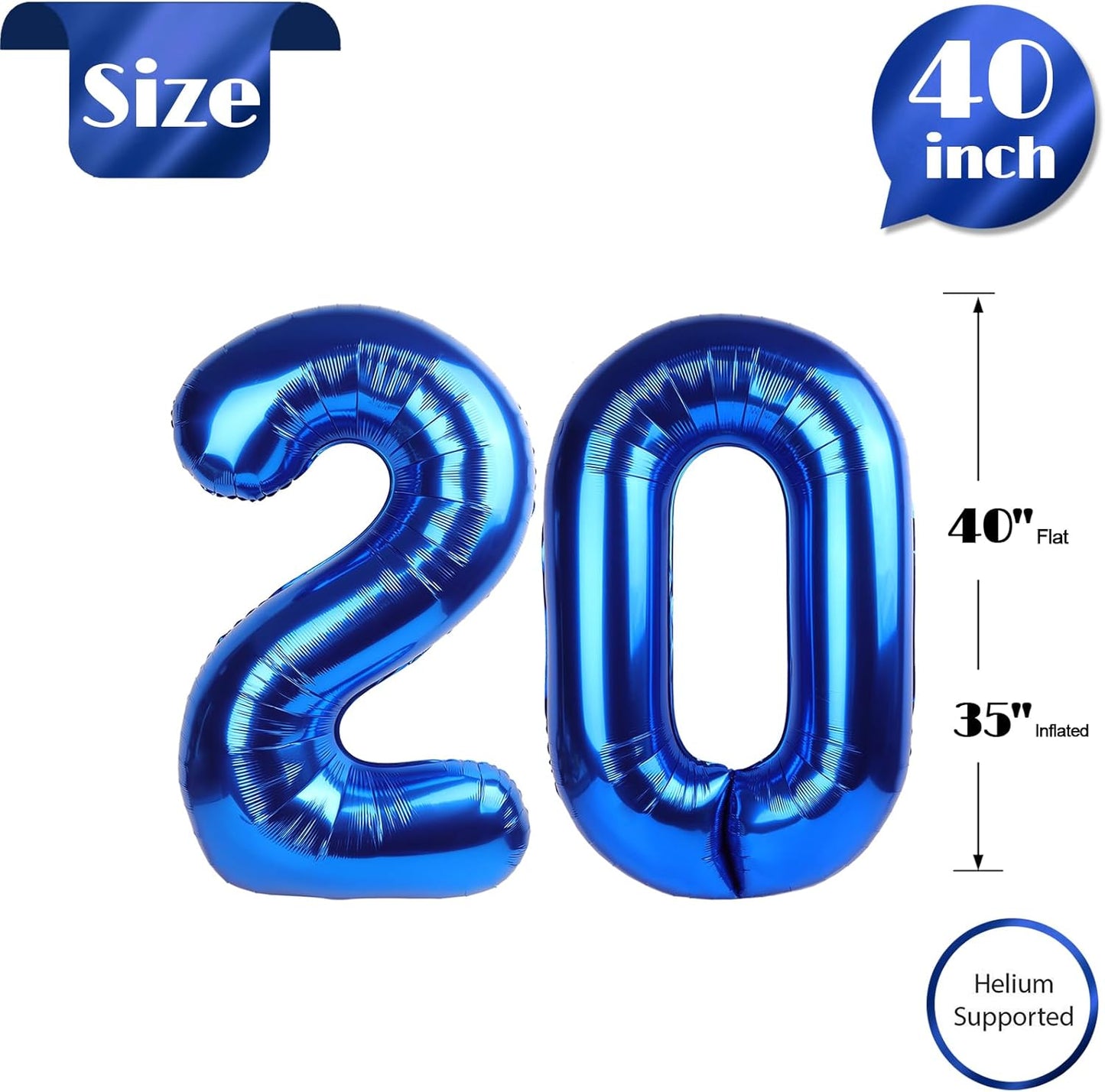 Navy Blue Number 20 Balloon 40 inch, 20 Number Balloons, 20th Navy Blue Birthday Decorations, 20 Year Old Girls Boys Blue Party Supplies