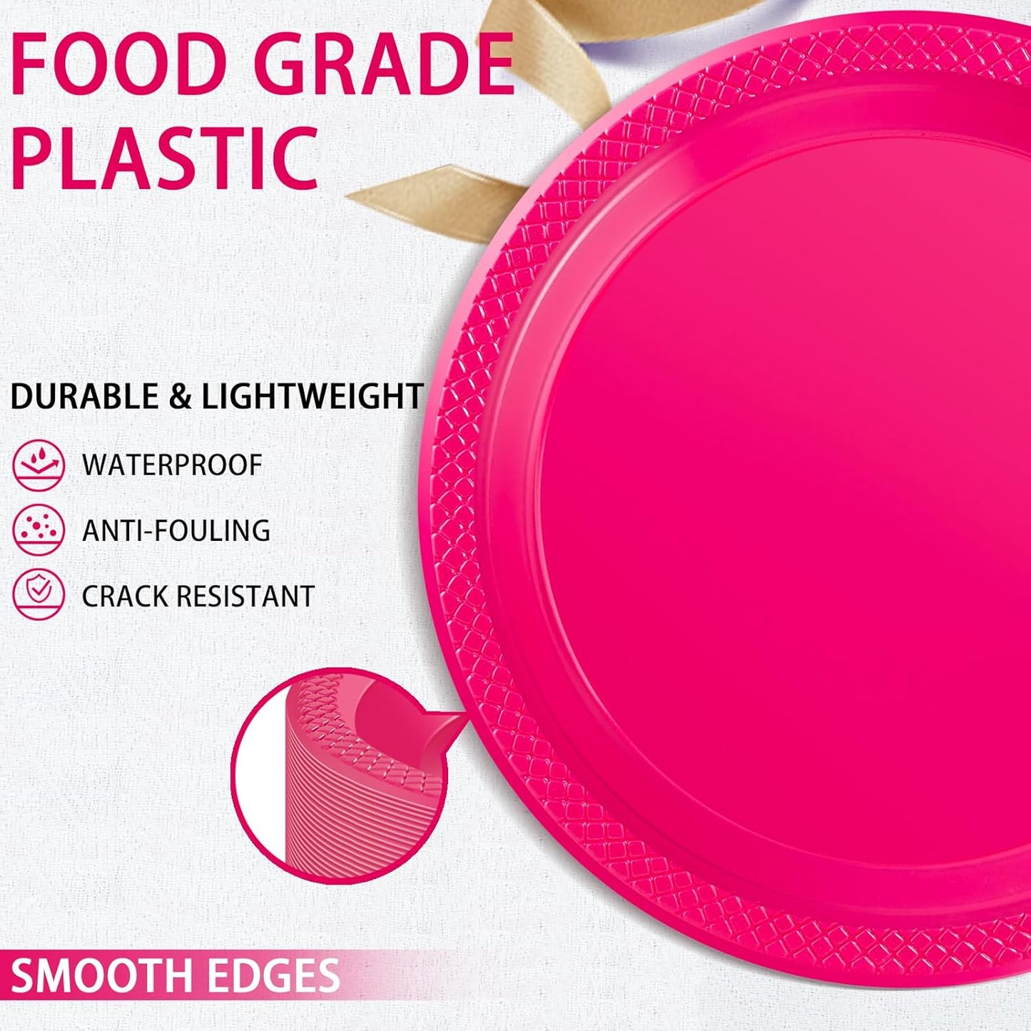 WELLIFE Hot Pink Party Plates 9 Inch -150 Count, Disposable Plastic Dinner Plates for Party Valentine's Day Girls' Birthday Baby Shower Wedding