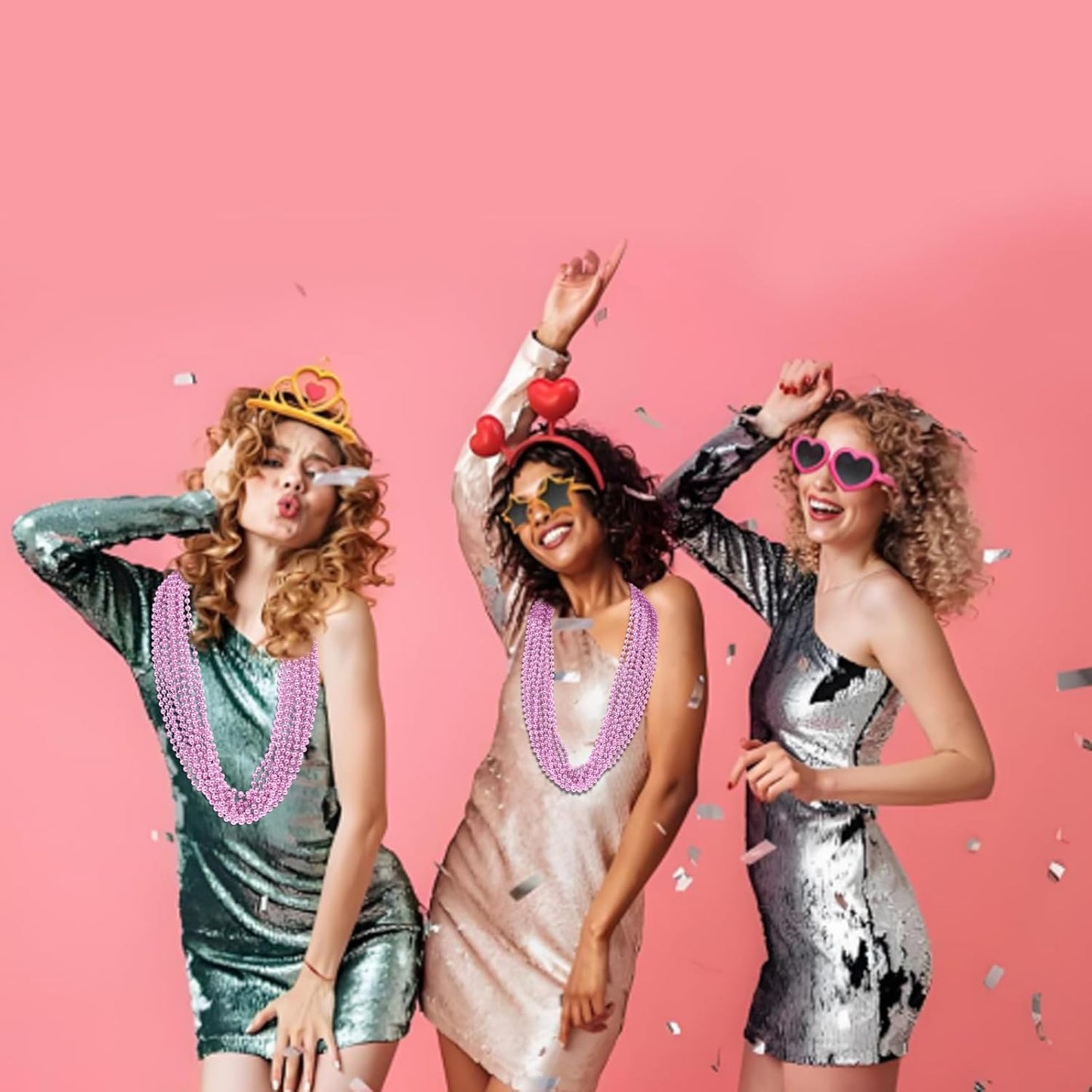 YAXINRUI 24 PCS Pink Bead Necklace, Pink Mardi Gras Beads, Cancer Awareness Beaded Necklaces, Valentine Necklace, 33 Inch Round Party Beads for Mardi Gras Christmas Cancer Awareness Month Events