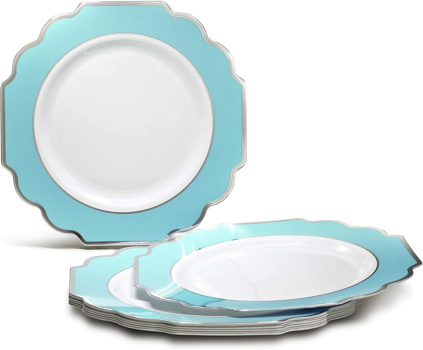 " OCCASIONS " 120 Plates Pack,(60 Guests) Heavyweight Premium Wedding Party Disposable Plastic Plates -60 x10.5'' Dinner + 60 x 8'' Salad/Dessert (Imperial Aqua & Silver)