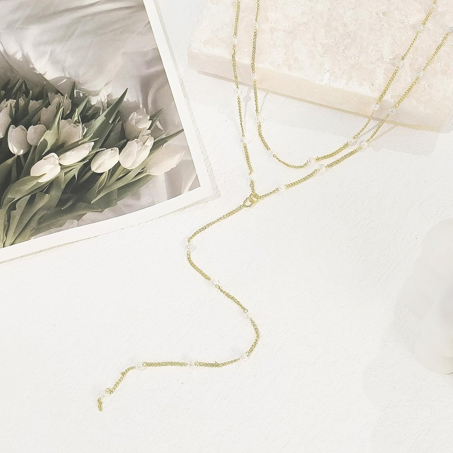 Lariat Gold Necklace for Women, Dainty Long Necklace 14k Gold Plated/Silver Y-Shaped Layered Beaded Chain Drop Necklaces for Women Trendy Simple Gold Jewelry for Women Gifts