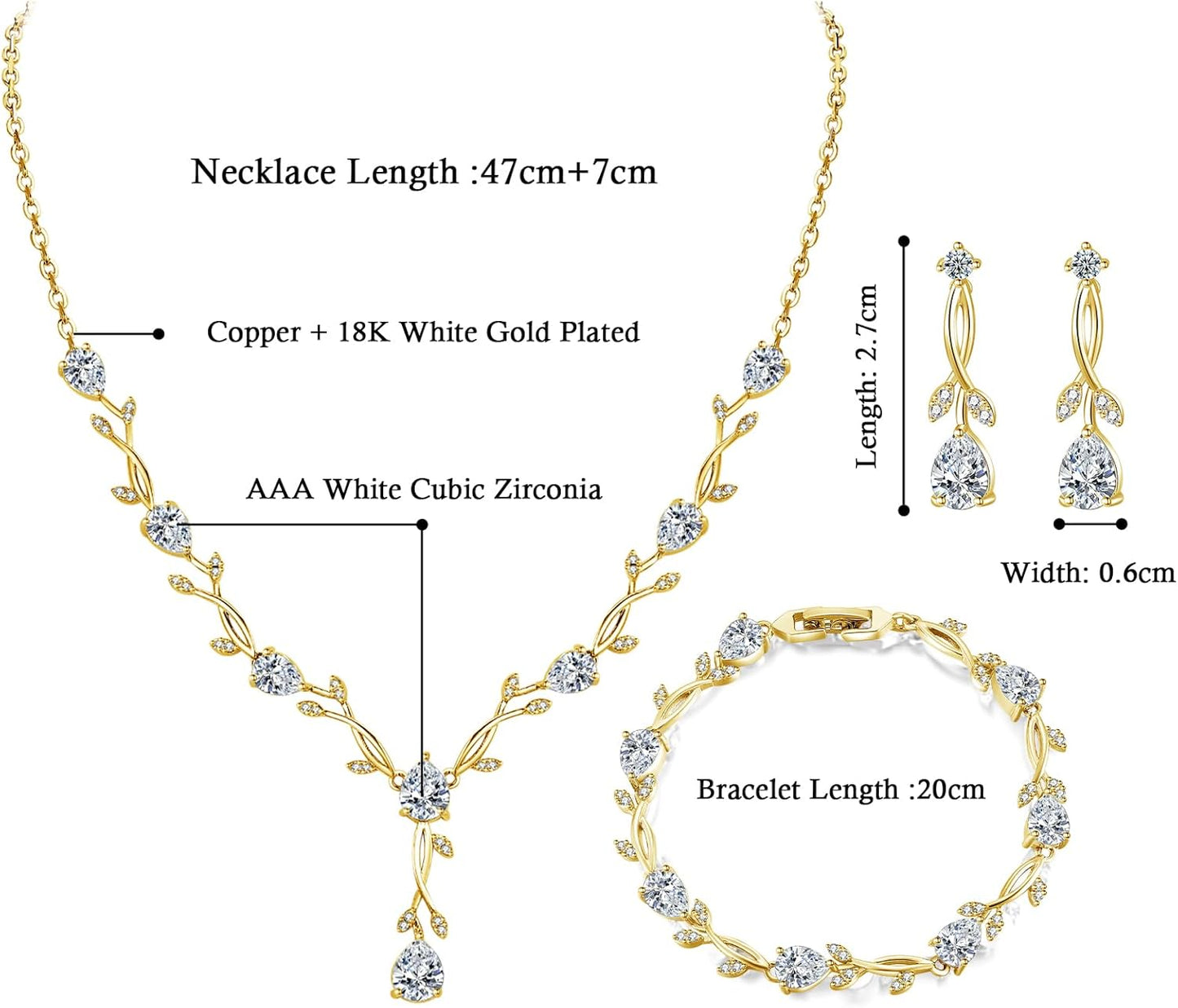 Hadskiss Jewelry Set for Women, Necklace Dangle Earrings Bracelet Set with White AAA Cubic Zirconia, Allergy Free Wedding Party Jewelry for Bridal Bridesmaid