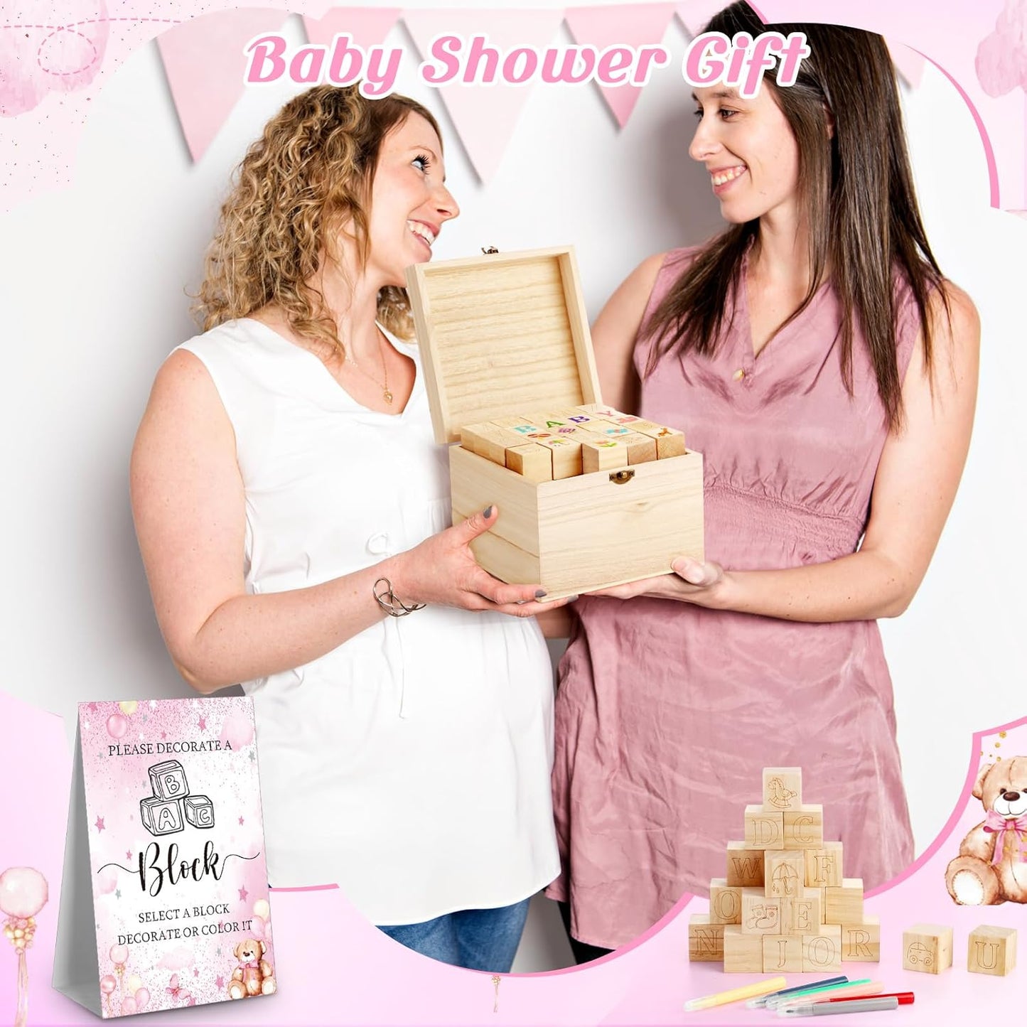 Marsui 136 Pcs Baby Shower Blocks to Decorate Game Kit Includes 98 Wooden Blocks, 36 Markers, 1 Game Sign, 1 Storage Box for Baby Shower Gender Reveal Activity Party Decorations(Pink Bear)