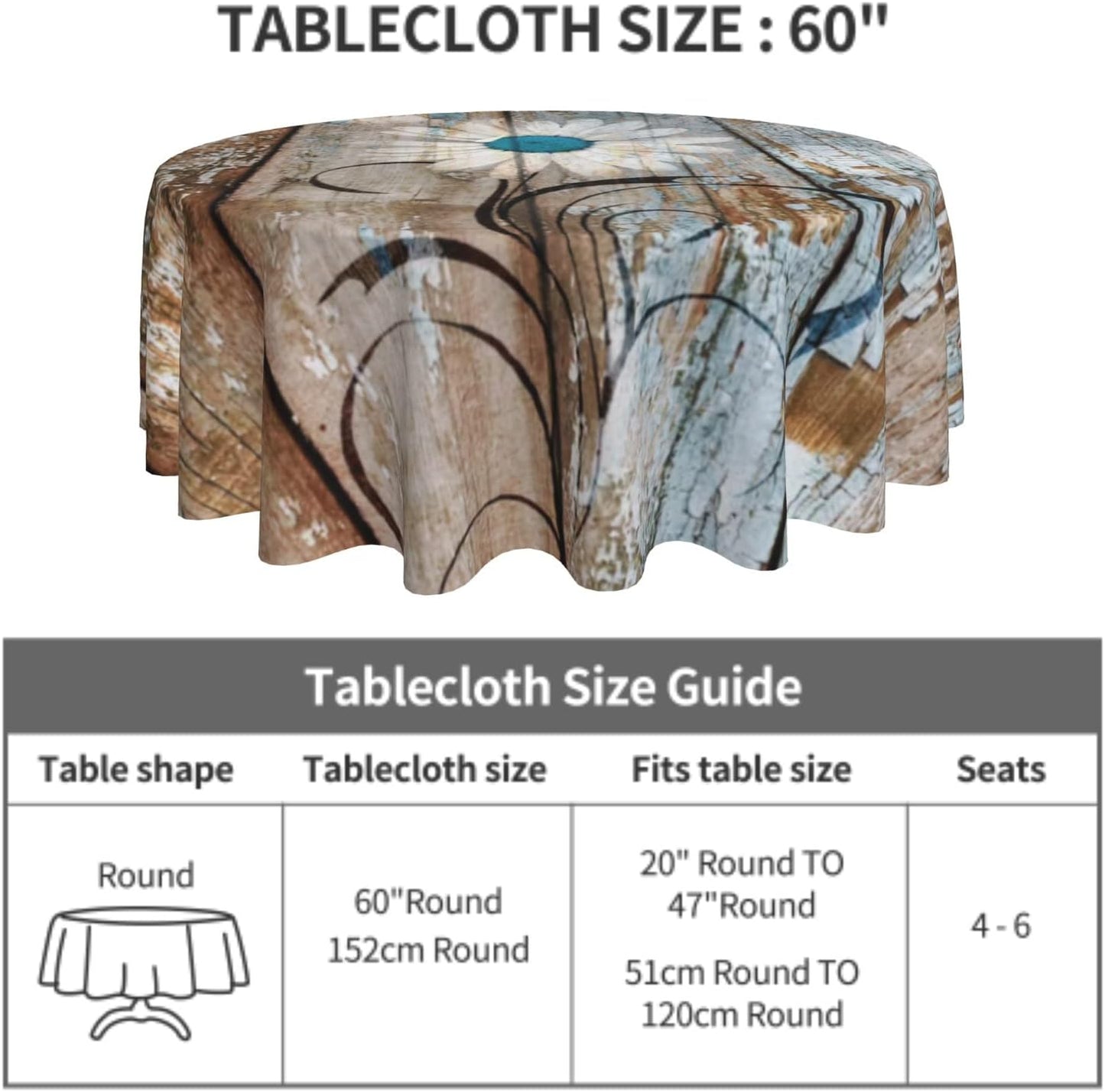 Giwawa Rustic Daisy Round Tablecloth 60" Vintage Flower on Wood Grain Board Circle Table Cloth Cabin Country Style Table Cover Heat Resistant for Kitchen Dining Indoor Outdoor Farmhouse Decor