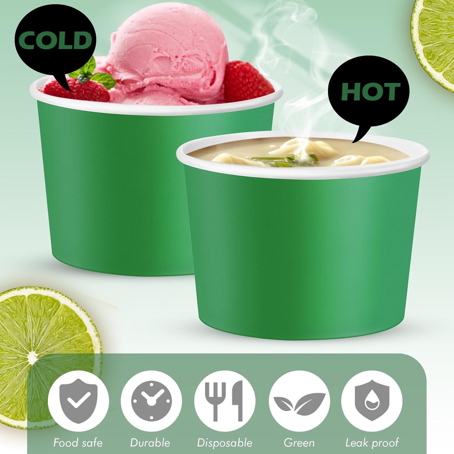 Paper Ice Cream Cups 9oz Colored Disposable Dessert Bowls for Hot or Cold Food Party Cups for Birthday Baby Shower Easter Party Supplies(Green,60 Pcs)