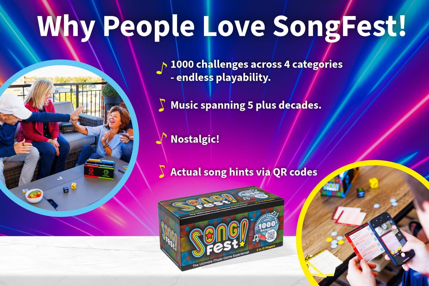 SongFest! is a New Music Trivia Party Game | Song QR Codes Provide Audio Hints to Bring Back Instant Memories Through 5 Plus Decades of Music