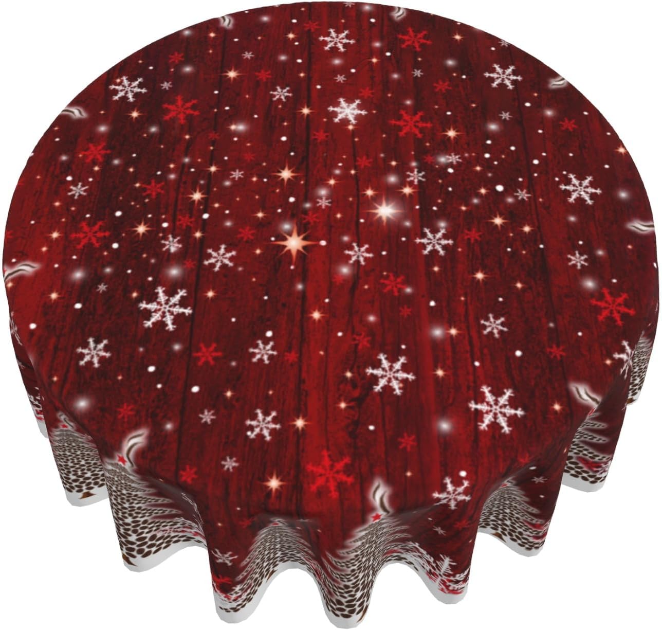 Giwawa Christmas Round Tablecloth for Kitchen Dining, 60Inch Red White Xmas Trees Wood Board Table Cloth, Winter Snowflakes Fabric Non-Slip Table Cover for Holiday New Year Picnic Decor