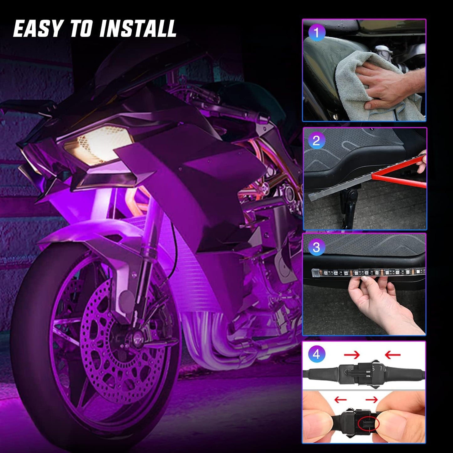 Nilight 8PCS Motorcycle RGB Led Light Kit Waterproof Multi Color Atmosphere Neon Accent APP and Remote Control Underbody Strips for Harley Davidson Honda Kawasaki Suzuki