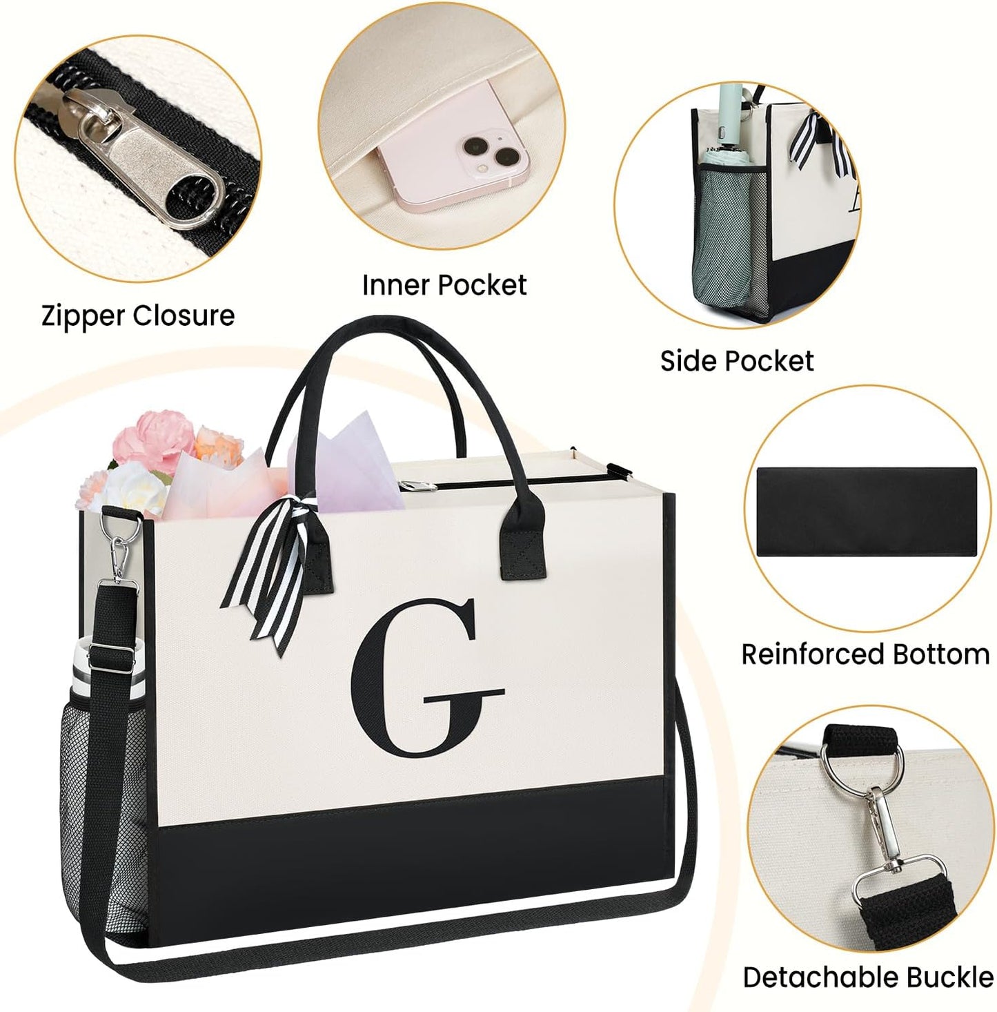 BAGAIL Initial Tote Bag, Personalized Birthday Gifts for Women, Teacher, Friends, Mom, Wedding, Monogrammed Beach Bag