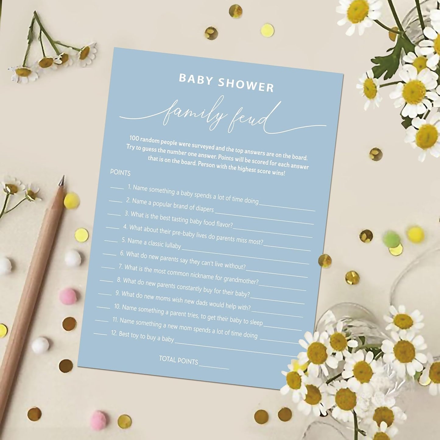 Family Feud Baby Shower Game - Pack of 30 Cards, Answer Key, Gender Neutral Decorations, Blue