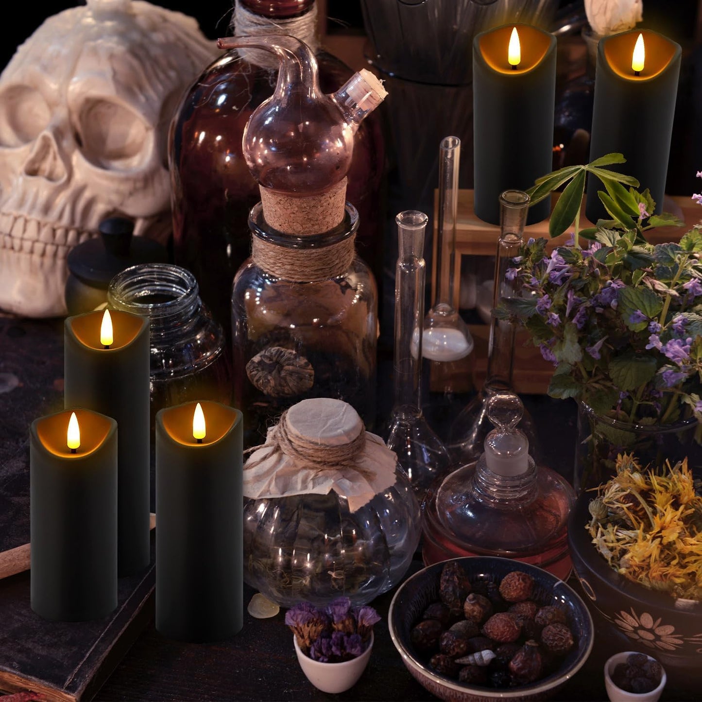 24 Pack Halloween Decoration Flickering Flameless Candles, Battery Operated LED Pillar Candles with Remote Control and Timer.for Home Decor (D2.2 xH 5" 6" 7" Black)