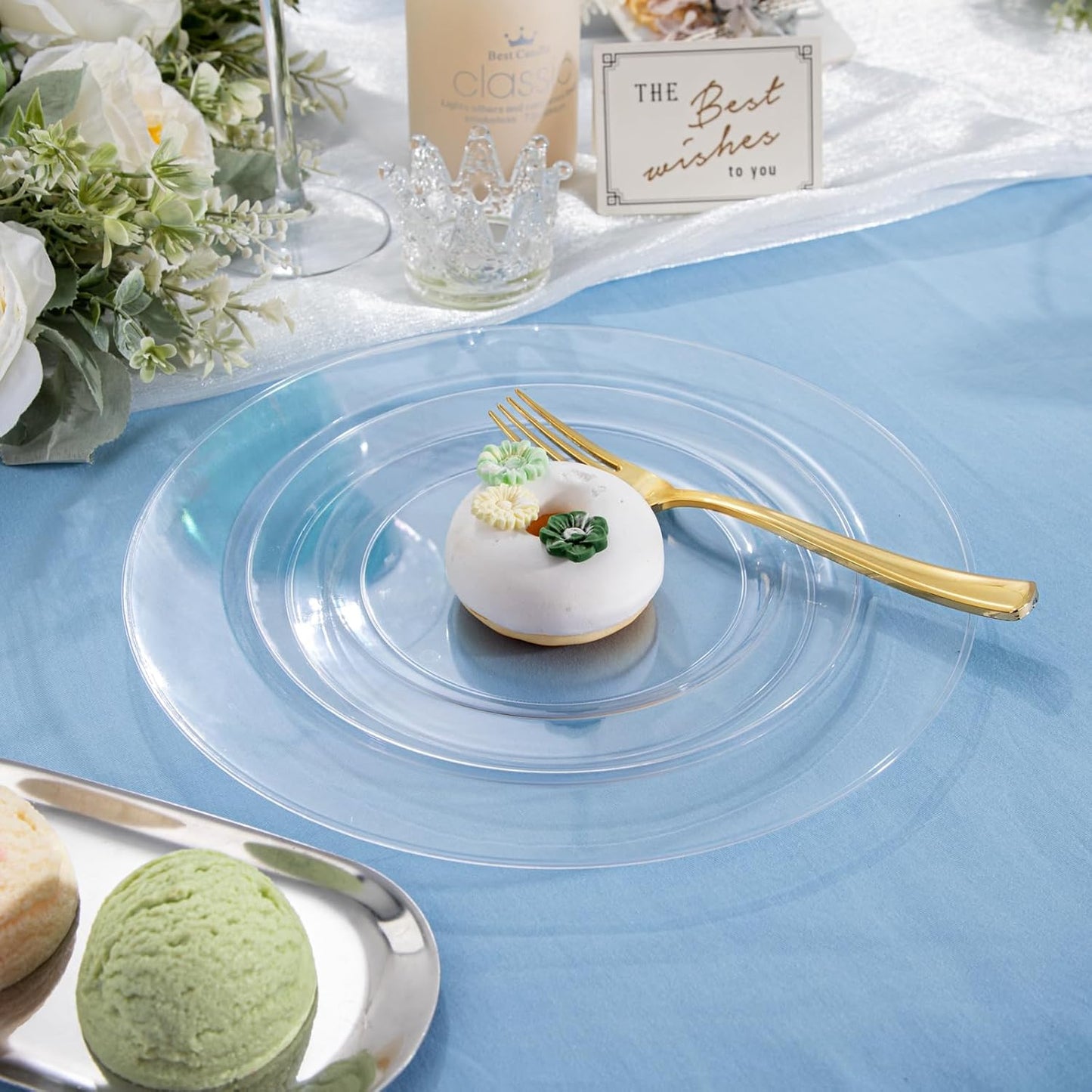 FLOWERCAT 100PCS Clear Plastic Plates - Heavy Duty Clear Disposable Plates for Fall Party/Wedding/Christmas - Include 10inch & 7inch Dinner/Dessert Plates for 50guests