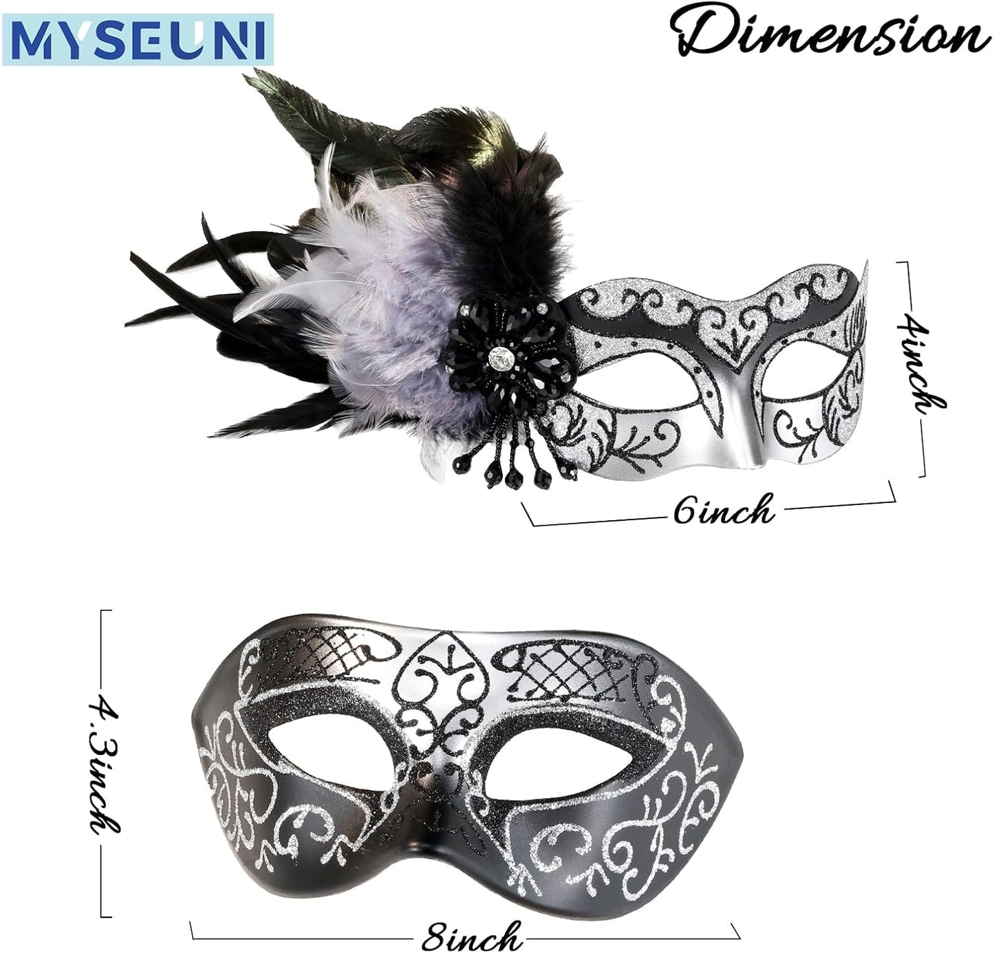 Silver Masquerade Mask for Couples -Masquerade Masks for Women with Feathers & Venetian Half Mask Halloween for Mascarade Party, Mardi Gras, Halloween Cosplay Prom, Christmas
