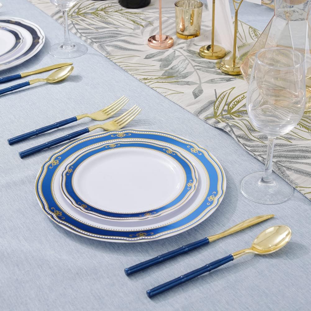 Supernal 180pcs Gold Plastic Silverware,Gold Plastic Cutlery with Blue Glitter Bamboo Handle,Elegant Durable Disposable Cutlery Heavy Duty include 60 Knives,60 Forks,60 Spoons
