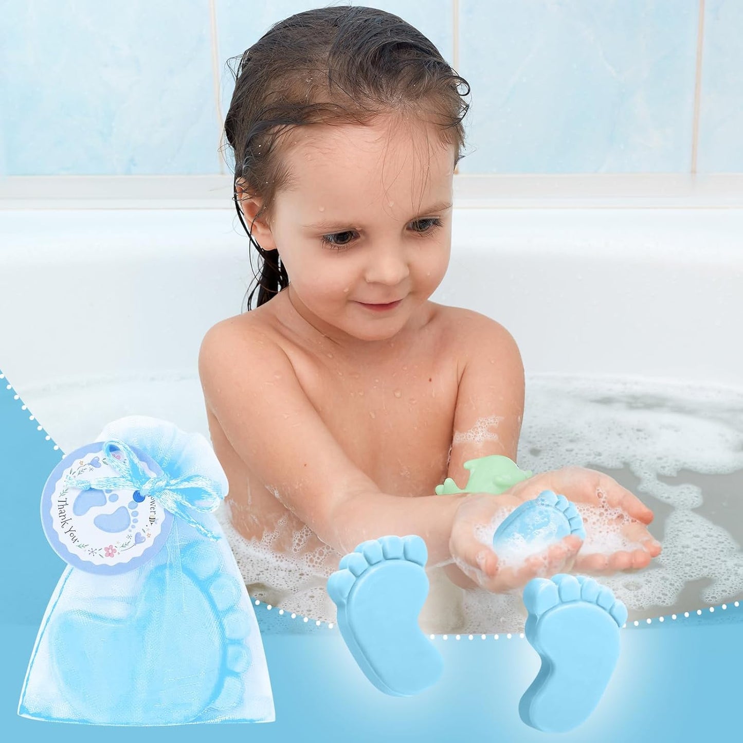 50 Sets Baby Shower Favors Refreshing Feet Soap Perfect for Guests Gifts with Organza Bags Thanks Cards Birthday Party Decoration Game Prizes(blue)