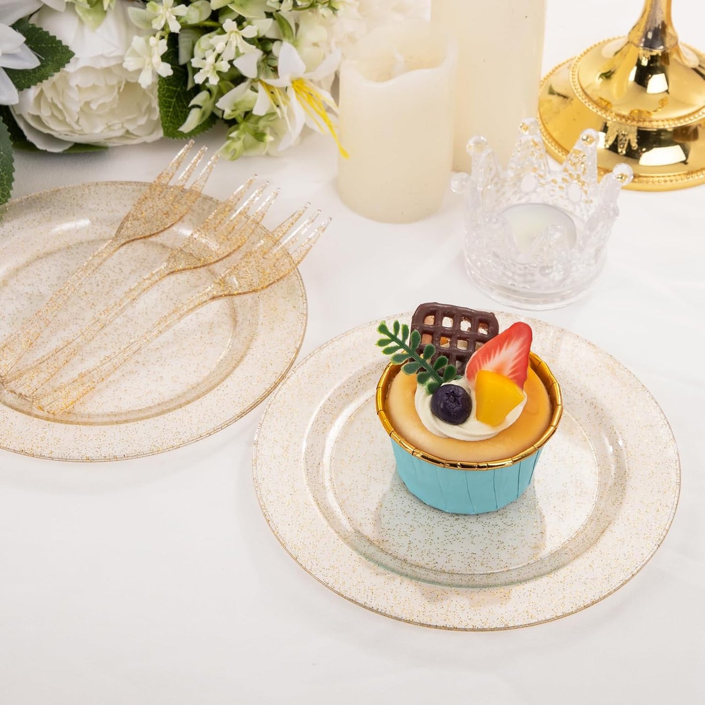 WELLIFE 60PCS Gold Glitter Dessert Plates and 60PCS Plastic Forks, 6.3 inch Disposable Dessert Plates for 60 Guests, Durable Gold Glitter Cake Plate, Perfect for Party
