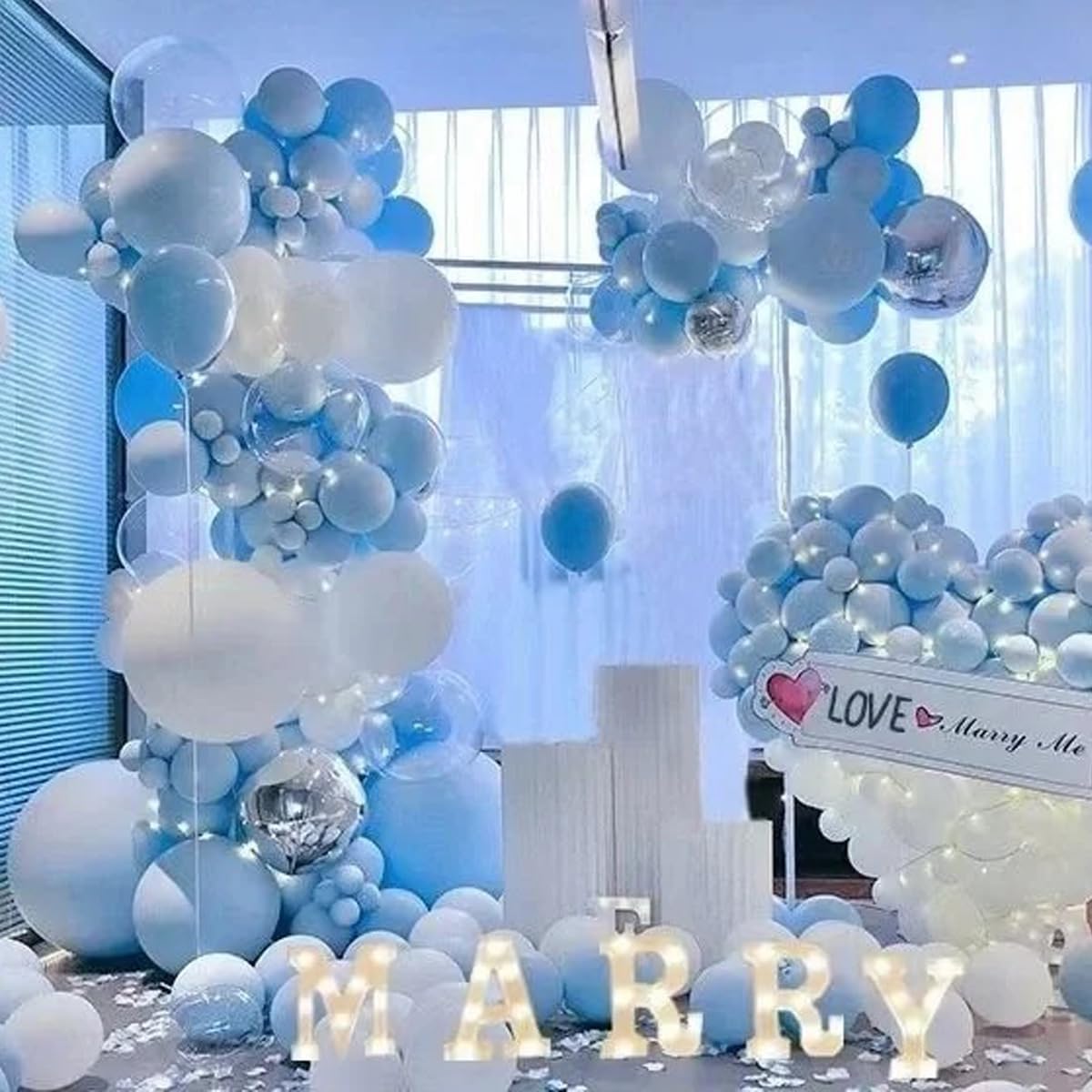 Blue Balloons Garland Arch Kit, 147 Pcs Metallic Macaron Light Blue and Confetti Silver Balloons for Baby Shower Birthday Wedding Ocean Themed Party Background Decoration
