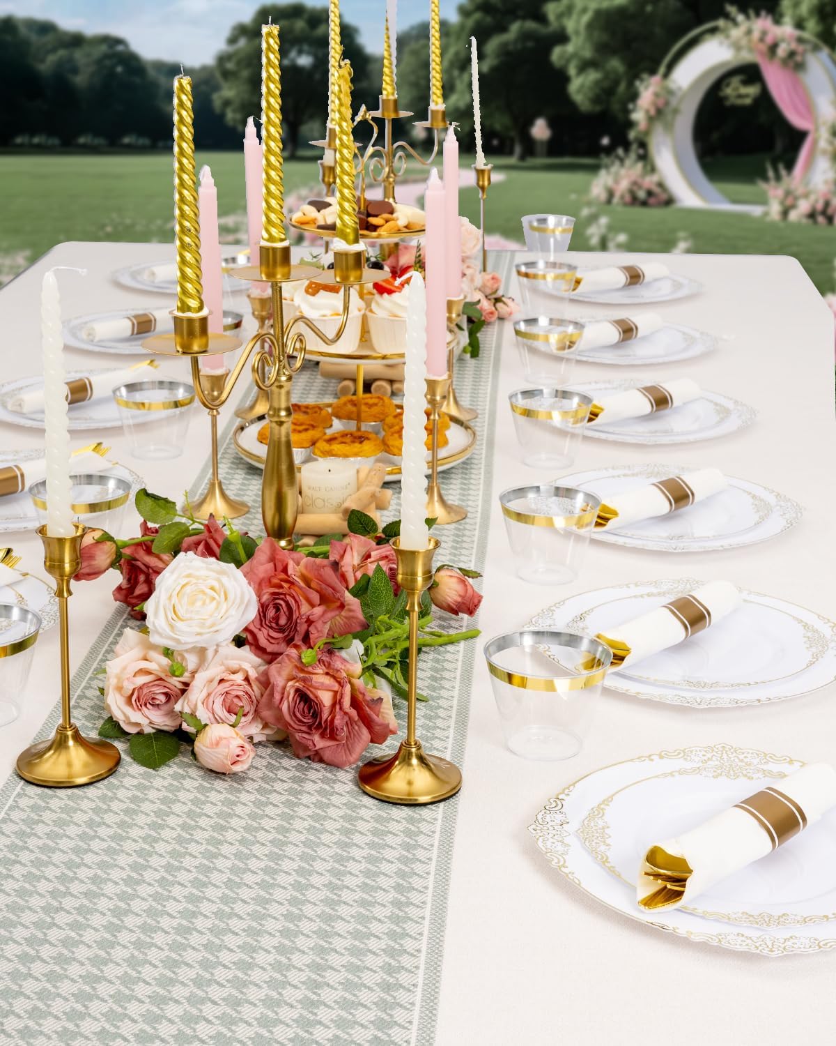 Goodluck 350 Piece Gold Plastic Dinnerware Set for 50 Guests, Fancy Disposable Plates, Include: 100 Gold Rim Plastic Plates, 150 Silverwares, 50 Pre Rolled Napkins, 50 Cups for Party, Wedding