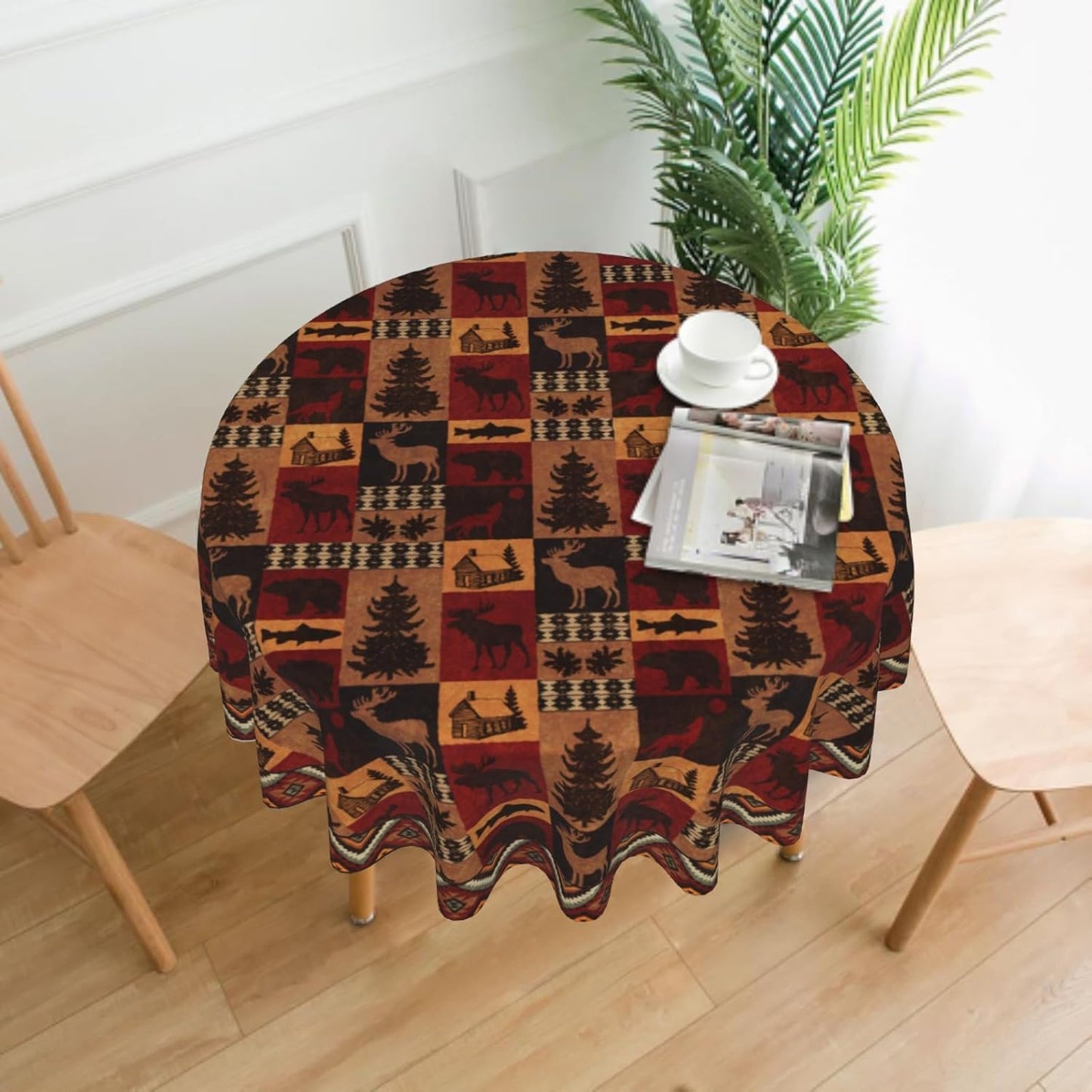 Giwawa Bear Deer Tablecloth Round 60" Rustic Vintage Wildlife Elk Moose Cabin Lodge Forest Animal Tree Farmhouse Country Style Circular Table Cloth Cover for Dining Kitchen Party Picnic Decor