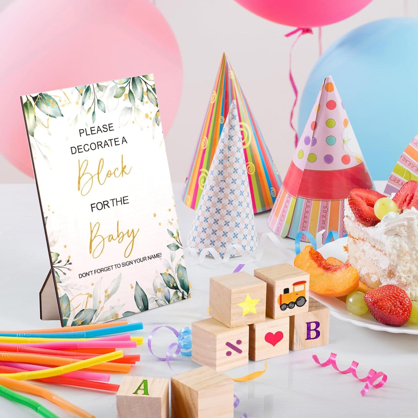 Draupnir 92 Pcs Fun Baby Shower Games Sign Kit Babies Coloring Blocks for Baby Shower, Wooden DIY Blank Blocks Freehand Painting with 36 Paint Markers