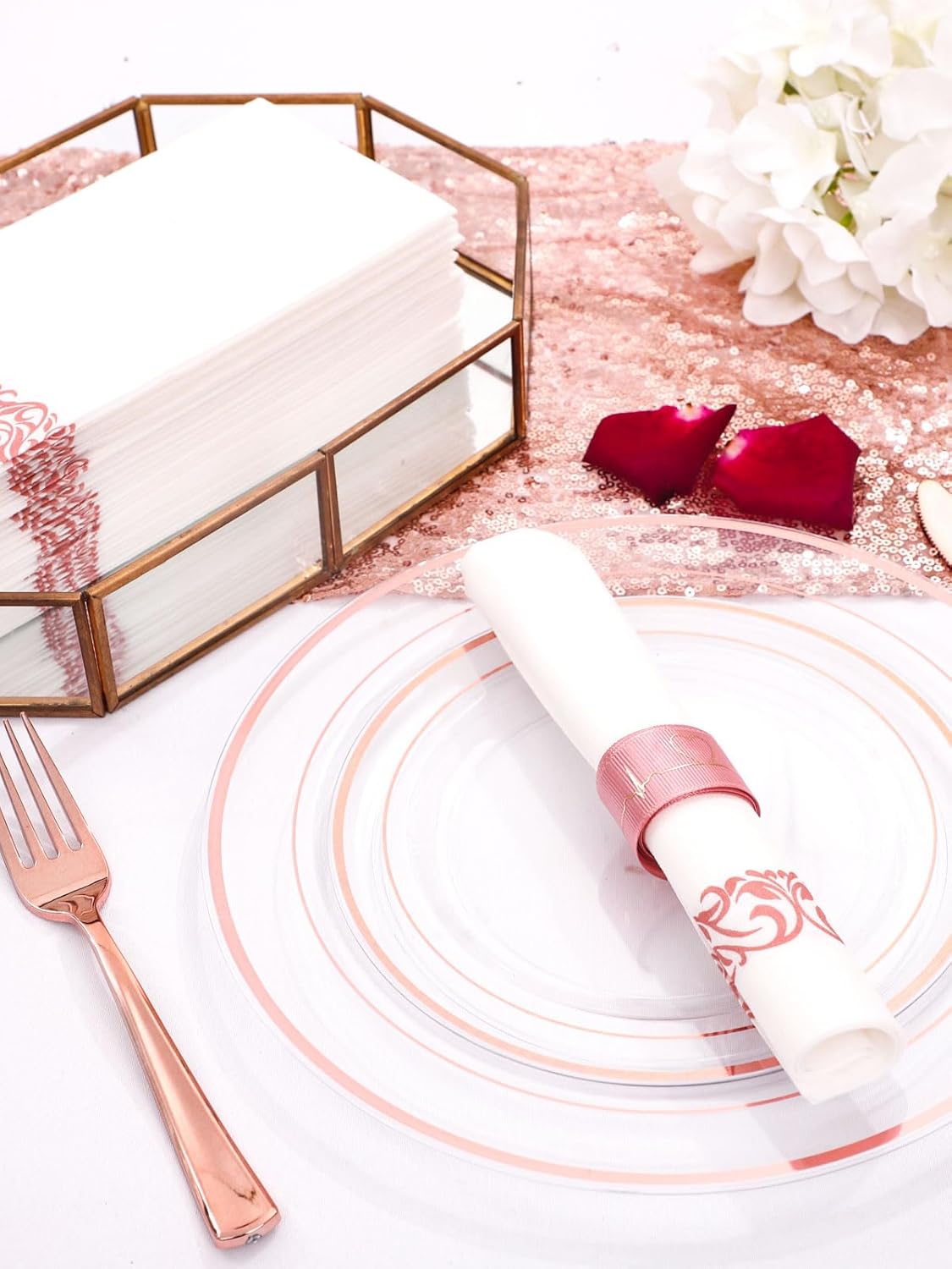 DaYammi 350Pcs Rose Gold Dinnerware Set Include: 50 Dinner Plates 10.25’’,50 Dessert Plates 7.5’’,50 Rose Gold Cutlery,50 Disposable Cups 9 OZ with 50 Napkins for Party