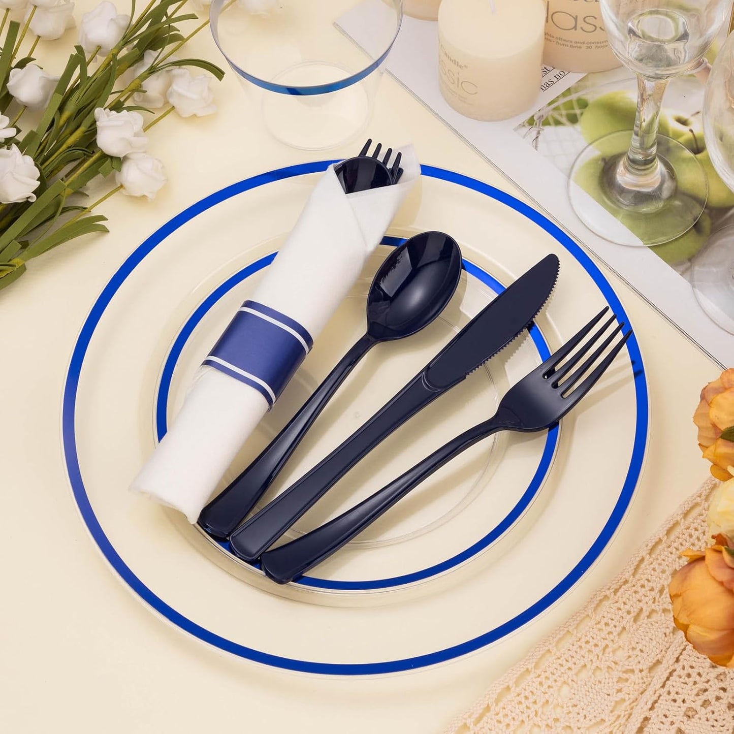 350PCS Clear and Blue Disposable Plates Set for 50 Guests, 100 Plastic Plates, 50 Cups, 50 Pre-Rolled Napkins with Plastic Cutlery for Party, Birthday, Thanksgiving, Christmas, Halloween