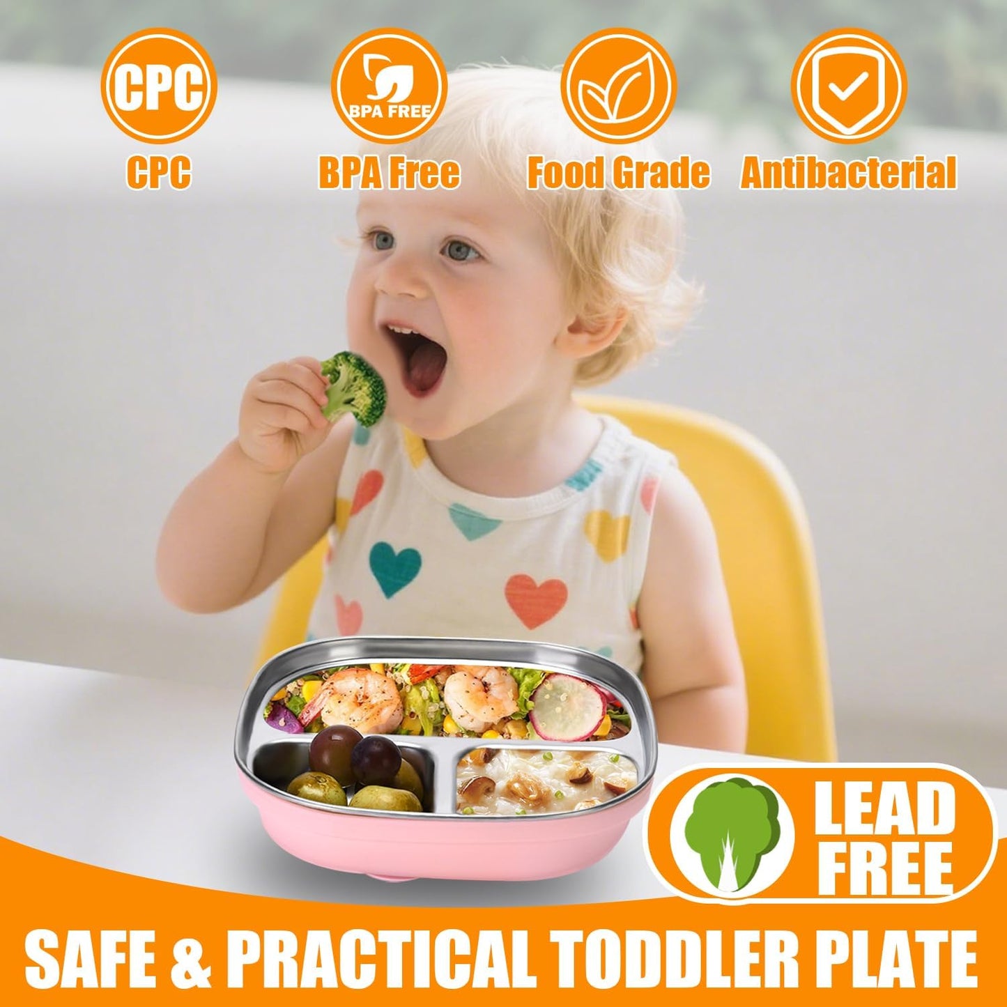 2 Pack Stainless Steel Kids Plates with Suction | 7.68" Spill-Proof High-Rim | 2 Spoons & Removable Sleeves | Microwave/Dishwasher Safe | BPA-Free, Non-Slip, Unbreakable Toddler Plates (Pink)