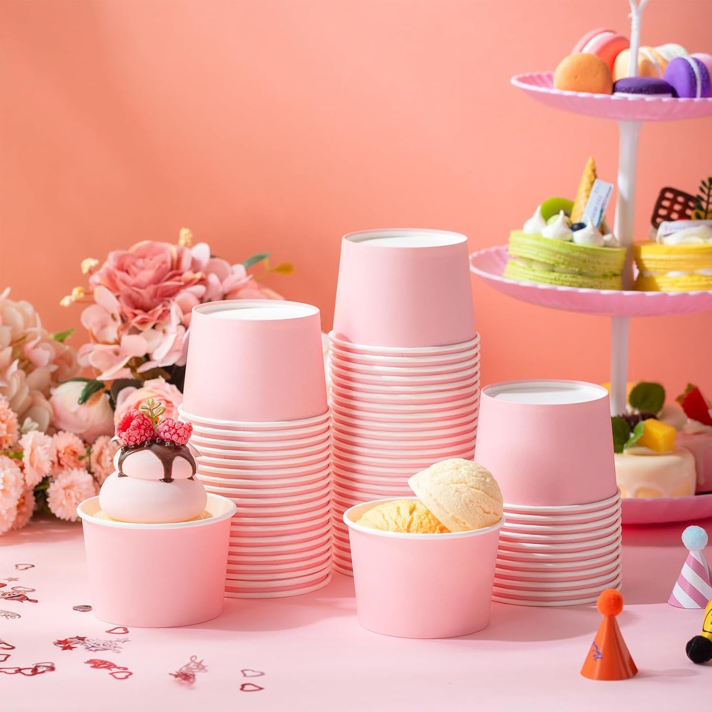 Paper Ice Cream Cups 9oz Colored Disposable Dessert Bowls for Hot or Cold Food Party Cups for Birthday Baby Shower Easter Party Supplies(Pink,60 Pcs)