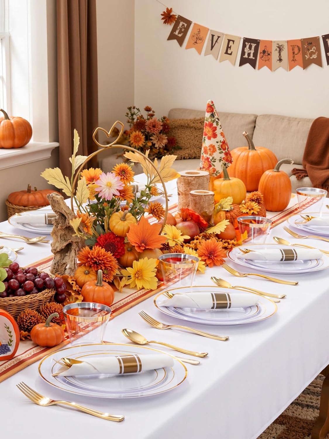 175PCS White and Gold Plastic Plates - Thanksgiving Plates with Rolled Napkins for Party - 25Guest Disposable Dinnerware Sets for Party/Thanksgiving/Wedding