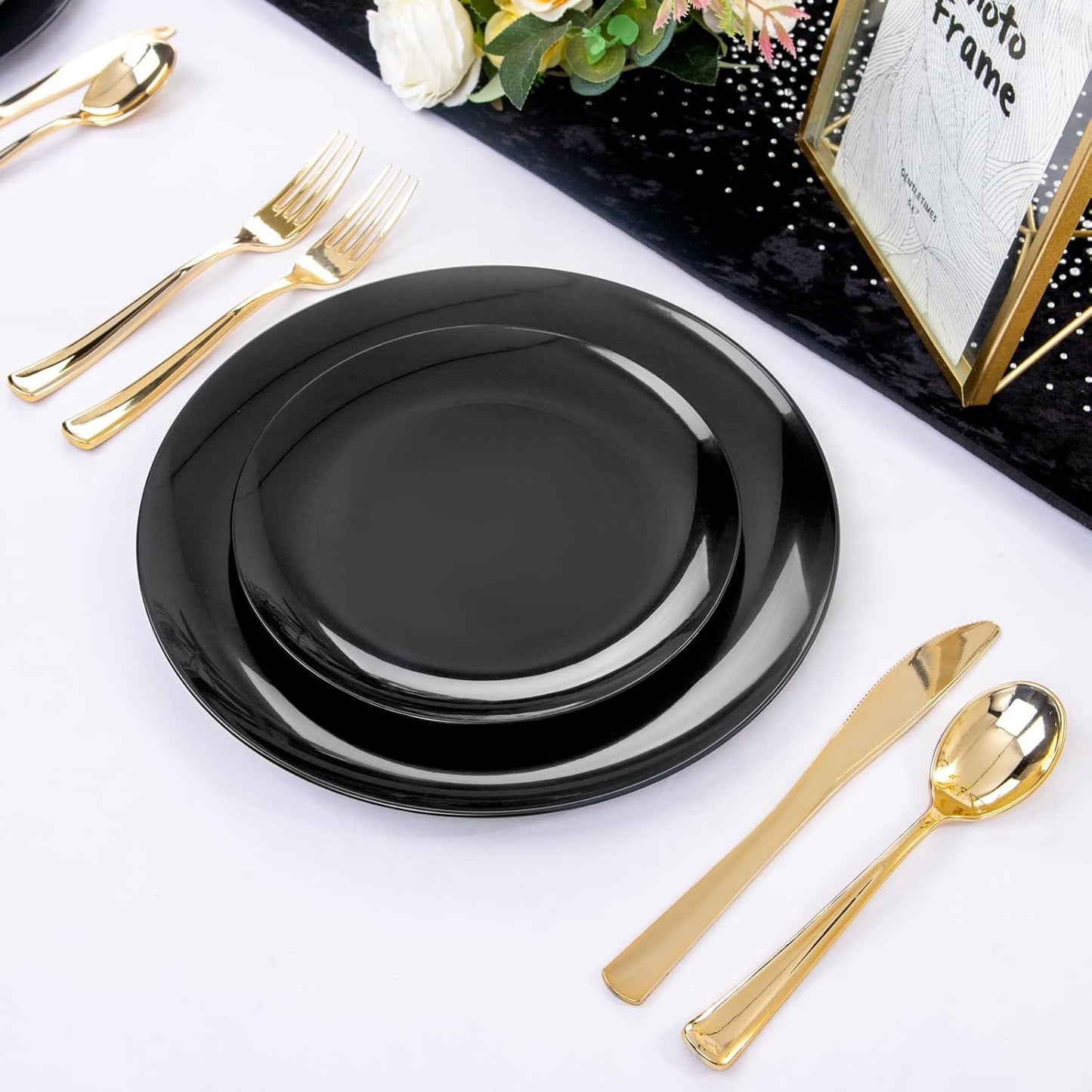 PULOTE 100PCS Black Plastic Plates Disposable - Premium Heavy Duty 50 Black Dinner, 50 Dessert/Salad Plates - Ideal for Party, Halloween