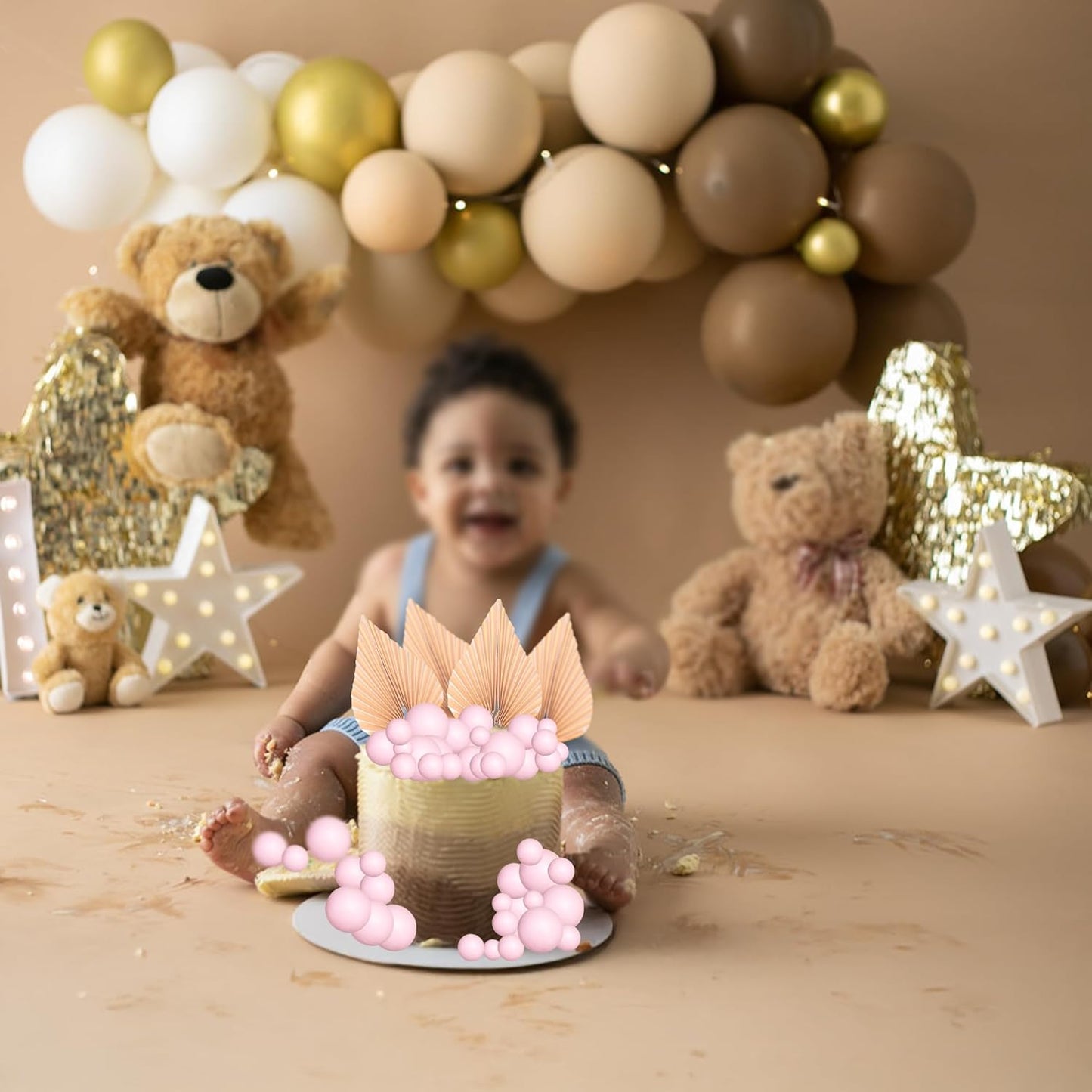 Ephlyn 28Pcs Paper Palm Fan Cake Topper Balls Cake Pick for Baby Shower Wedding Bridal Shower Birthday Party Cake Decorations Supplies Pink