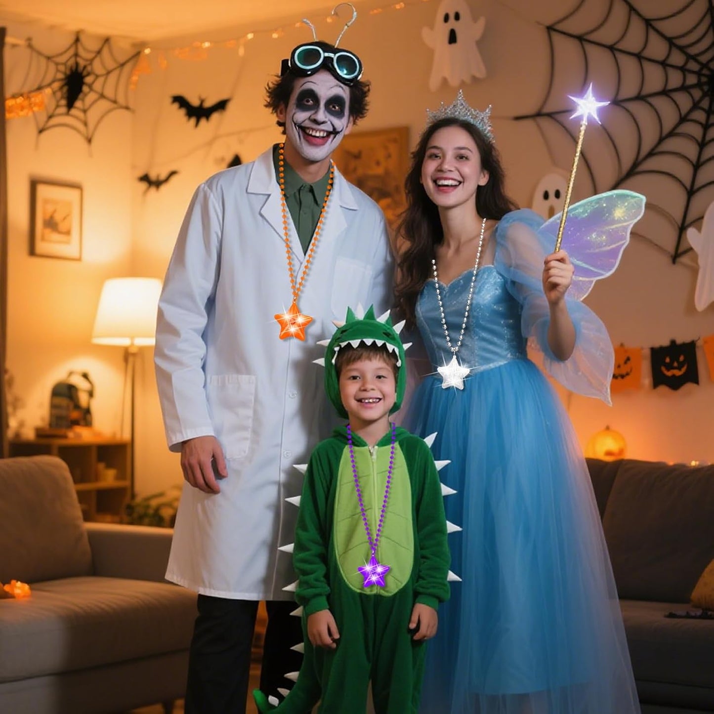 6 Pack Orange LED Glow Star Necklace Bulk Beaded Necklaces for Halloween Christmas Decorations Mardi Gras Party Favors