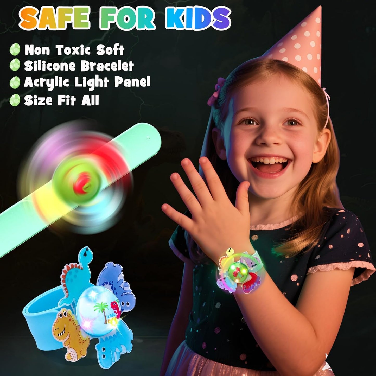 12Pcs LED Light Up Rotating Slap Bracelets Dinosaur Party Favors Glow Bracelets, Glow In The Dark Party Supplies Birthday Gifts Classroom Rewards Goodie Bag Stuffers for Kids Boys Girls