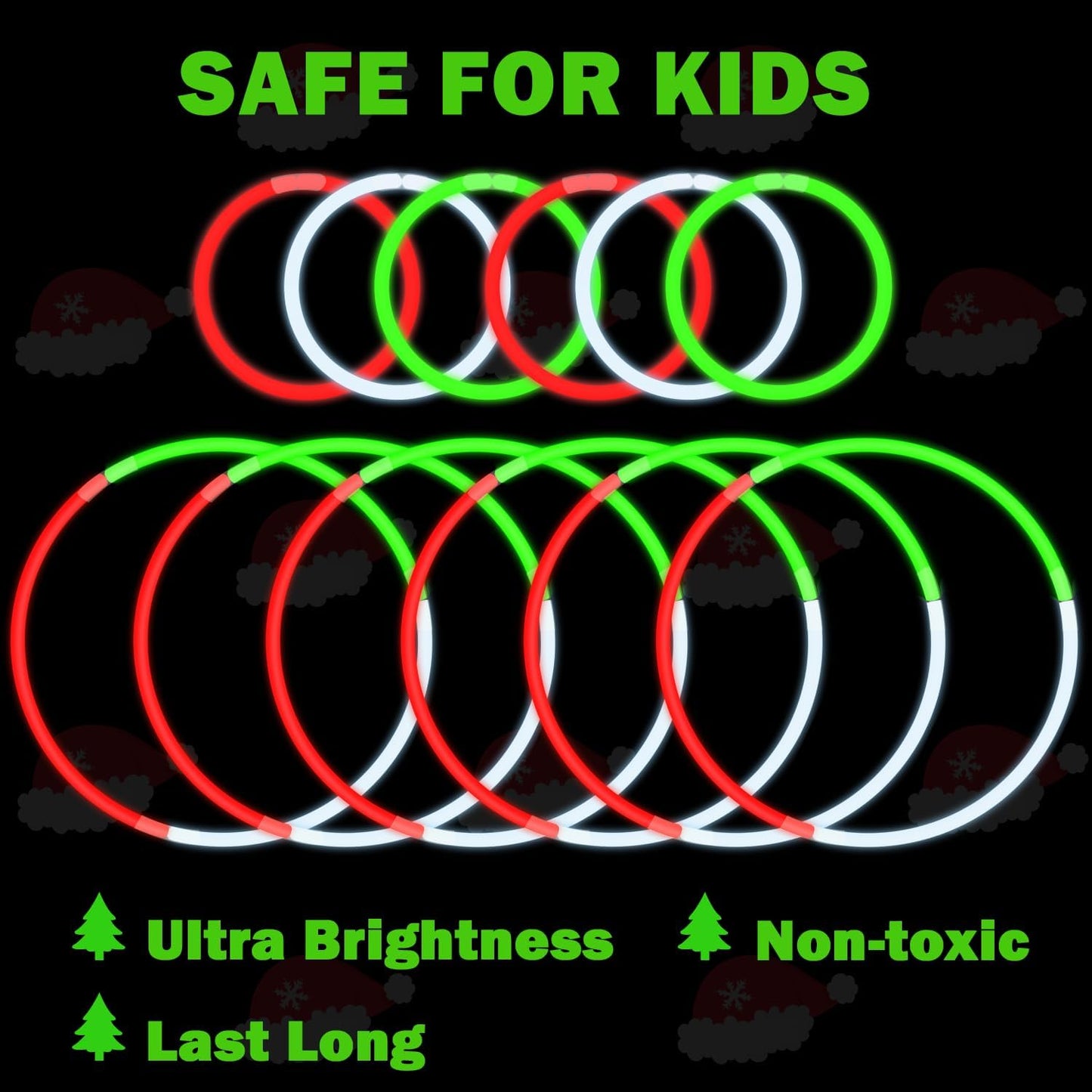Christmas Light up Accessories Necklace & Bracelets for Kids 150 PCS,Bulk Red Green White Glow Sticks Party Favors for Toddlers,Xmas Toys Gifts Class Carnival Activities Supplies Trinkets for Students
