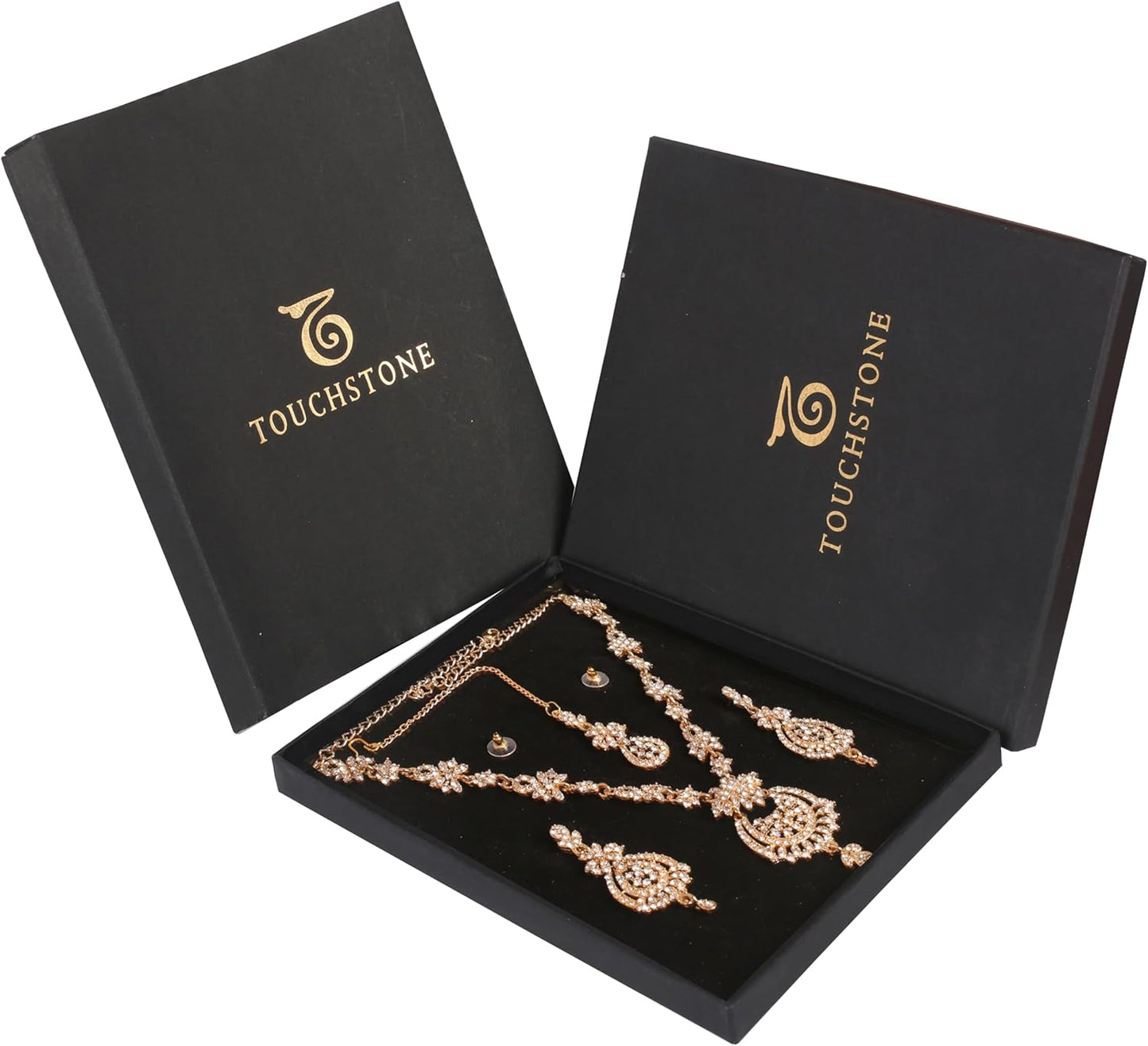 Touchstone Indian jewelry sets for women maang tikka wedding guest gold necklace bollywood jewellery set pageant elegant prom bride accessories western crystal chunky rhinestone necklaces