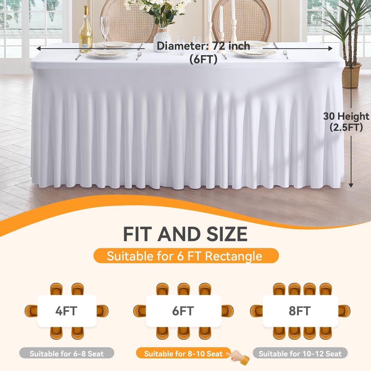 Outpain White Spandex Table Clothes for 6 Foot Rectangle Tables-4Pack 6FT Spandex Fitted Table Cover, Wrinkle Free Tablecloths with Skirt for Parties, Wedding, Birthday, Banquet, Festival