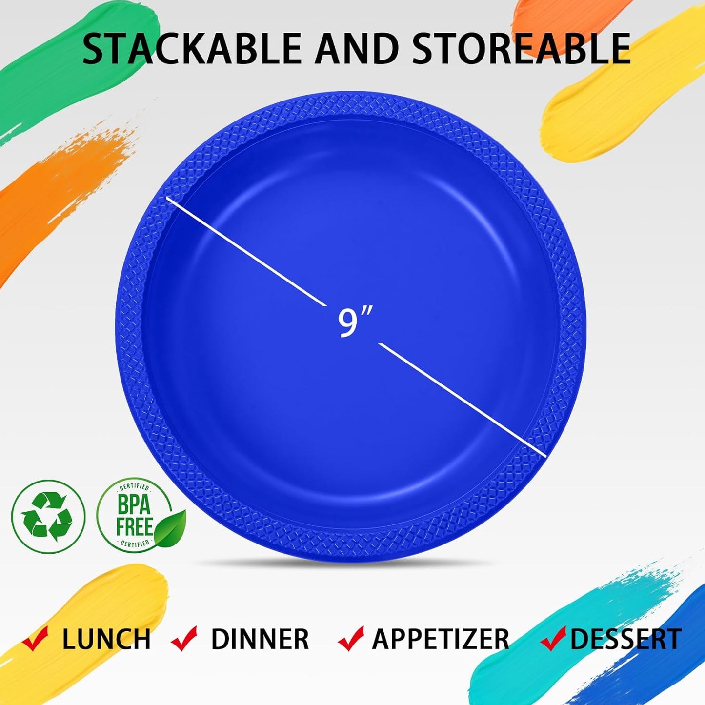 WELLIFE Royal Blue Party Plates 9 Inch -150 Count, Disposable Plastic Dark Blue Dinner Plates for Party Dessert Cake Appetizer