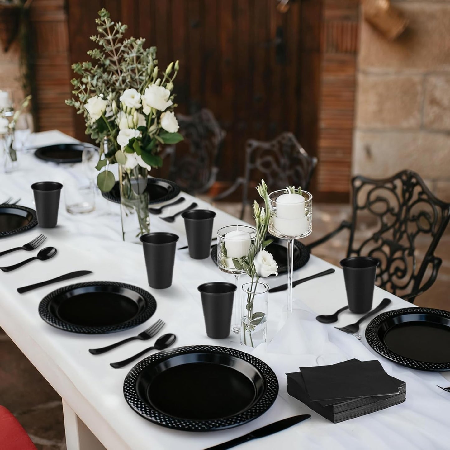 240 Pieces Black Plastic Dinnerware Set for 30 Guests Disposable Party Plates Napkins Cups and Silverware Dessert Dinner Plates for Birthday Wedding Halloween Party Supplies