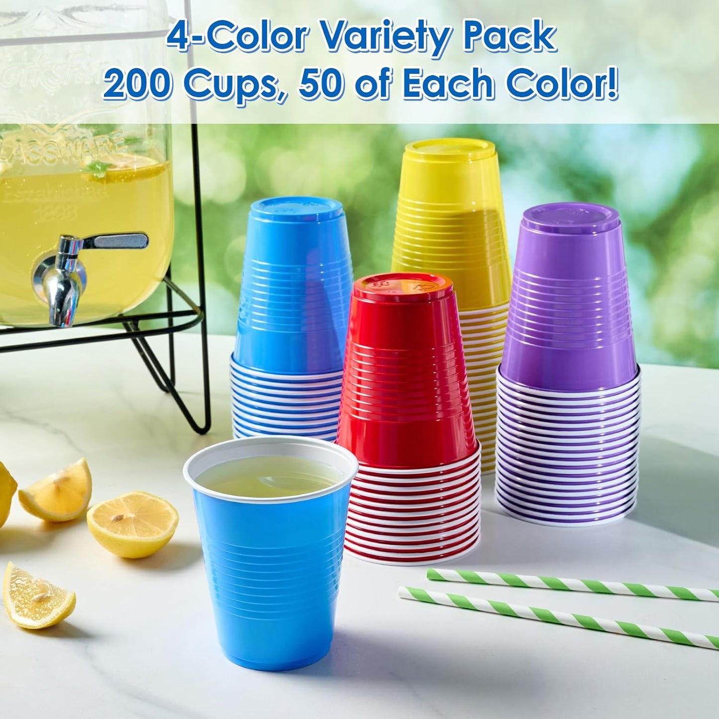 Lilymicky 200 Pack 12 oz Disposable Plastic Cups, Assorted Color Plastic Party Cups for Parties, Events, Game and BBQ