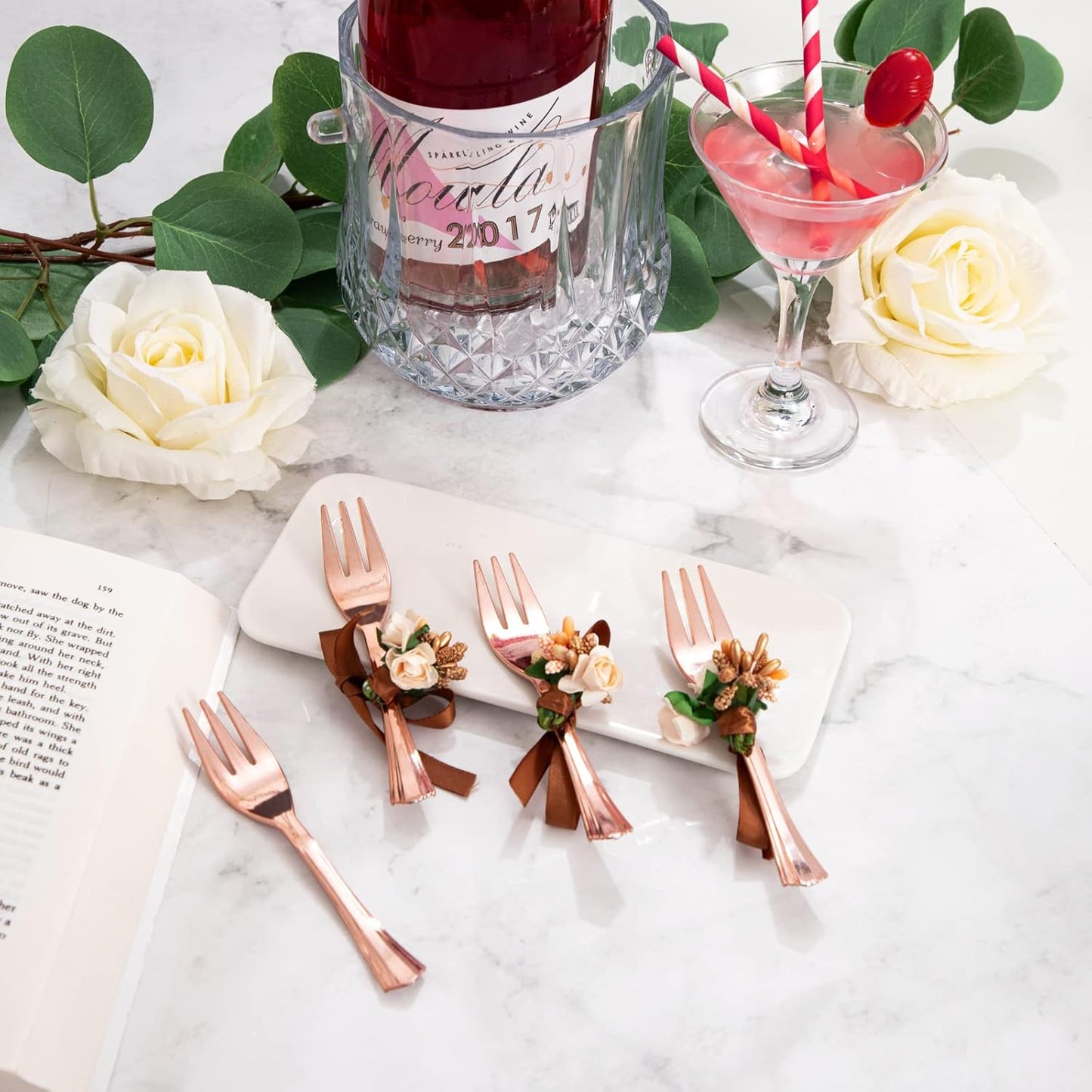 WDF 86pcs Rose Gold Dessert Plates 6" with 86 Pieces Disposable Forks 5", Elegant Square Appetizer Small Plastic Plates for Mother's Day, Wedding