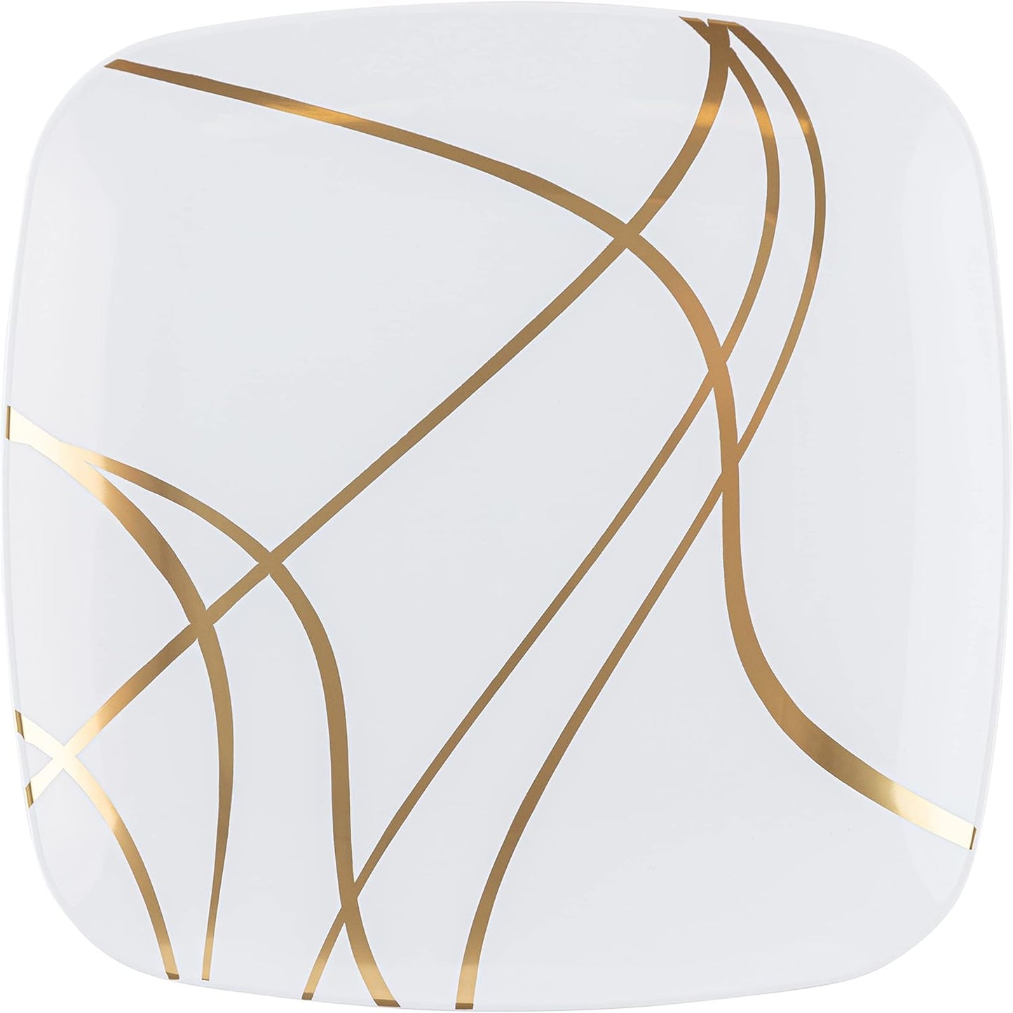 PLASTICPRO Square 128 Piece Combo Plates Set - 64 x 7'' Salad & 64 x 10'' Dinner Plates, White Plastic with Gold Impulse Design, Premium Party Tableware