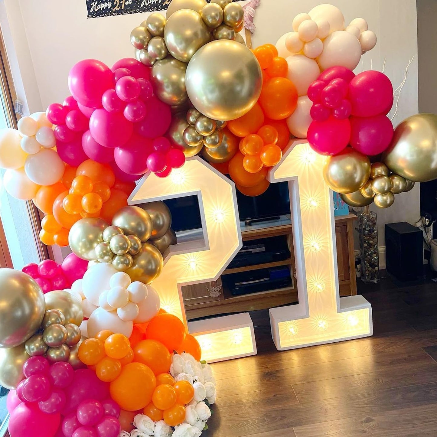 Pink and Orange Balloon Garland Arch Kit, 177Pcs Explosion Star Balloons Hot Pink Orange Metallic Gold and Confetti Balloons for Birthday Wedding Baby Shower Tropical Summer Party Decorations