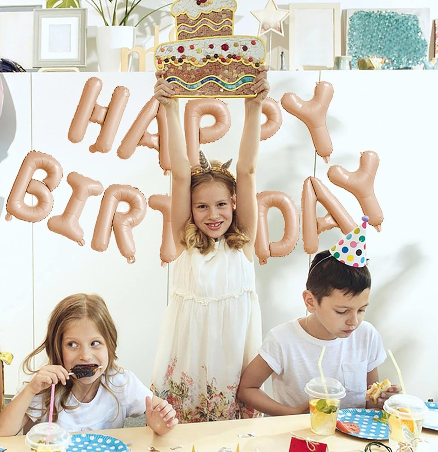 KALOR Beige Happy Birthday Balloons Banner, 16 Inch Mylar Foil Letters Balloon Sign for Women, Men, Boys & Girls Kids Birthday Decorations Photo Backdrop