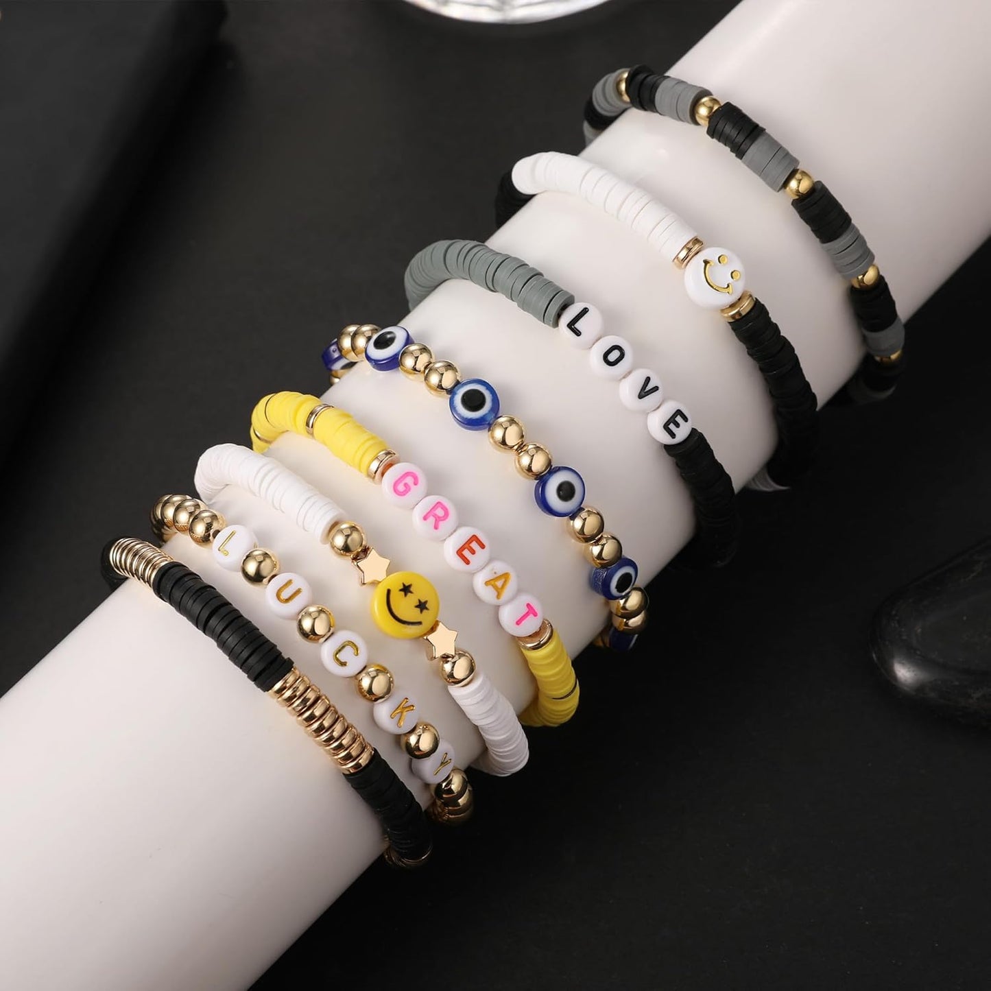 Preppy Bracelets Set Colorful White Gold Smile Heart Star Polymer Beaded Pearl Clay Stackable Charm Y2K Kidcore Aesthetic Summer Beach Bohemian Stretch Layering Bracelets Jewelry for Girls Women Teens